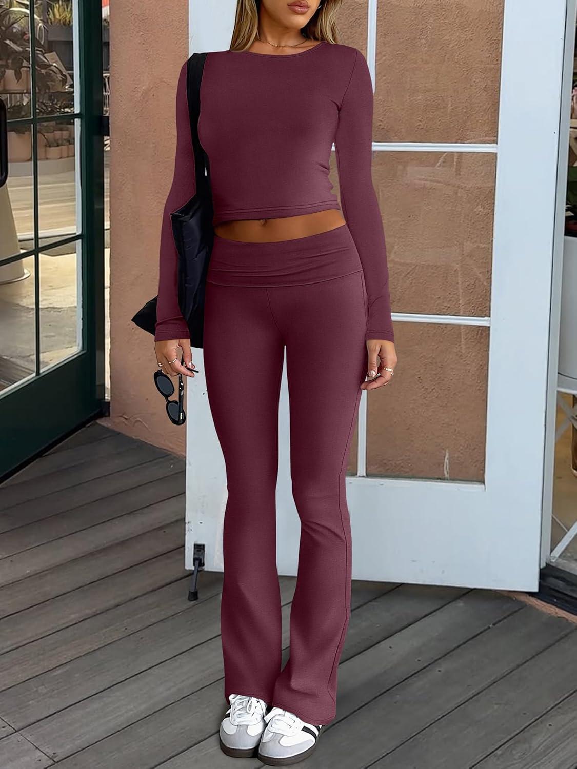 imageANRABESS Women 2 Piece Outfits Fall Lounge Sets Long Sleeve Cropped Top Fold Over Flare Pants Comfy Pajamas Set Y2K ClothesBurgundy