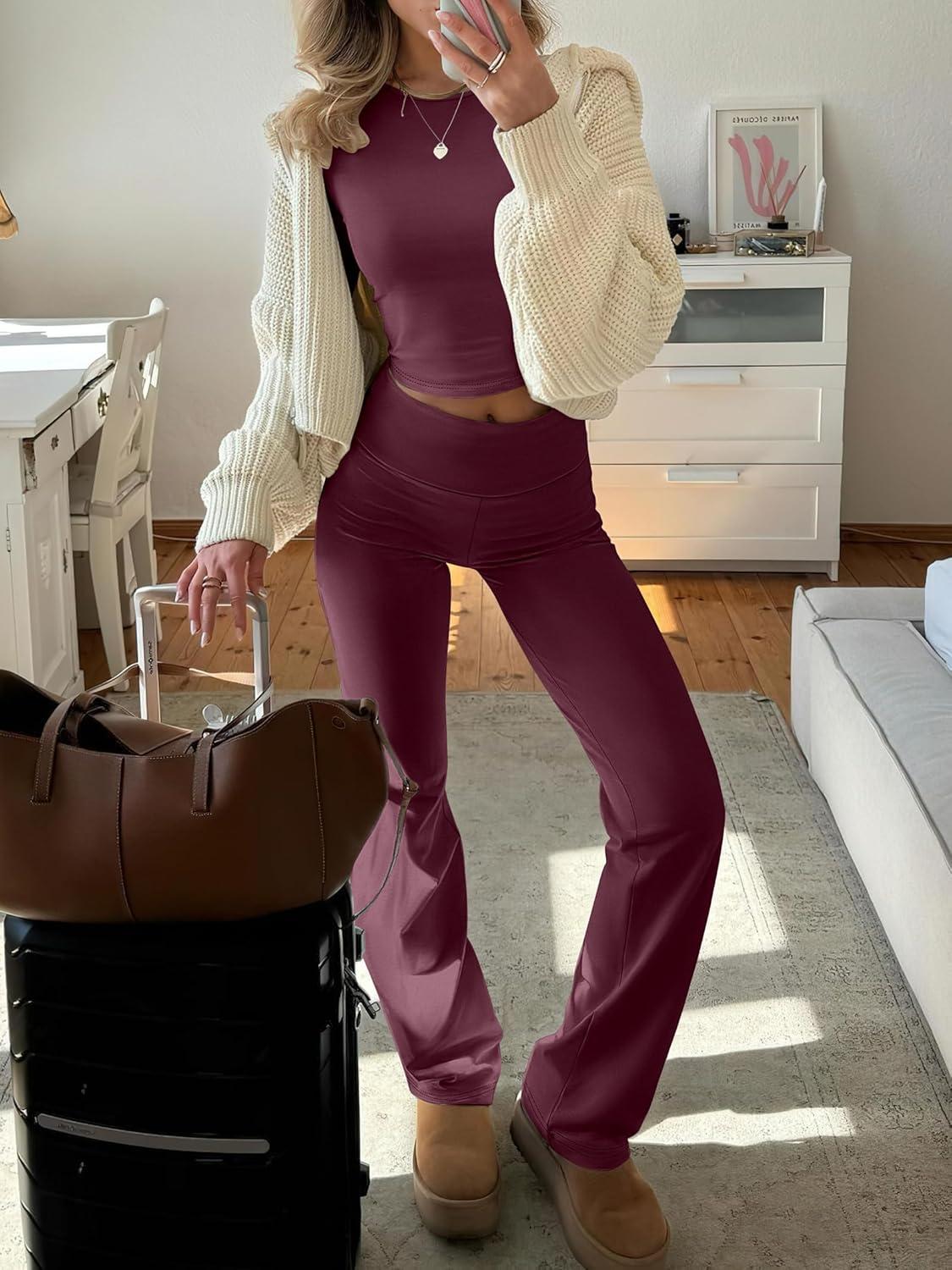 imageANRABESS Women 2 Piece Outfits Fall Lounge Sets Long Sleeve Cropped Top Fold Over Flare Pants Comfy Pajamas Set Y2K ClothesBurgundy
