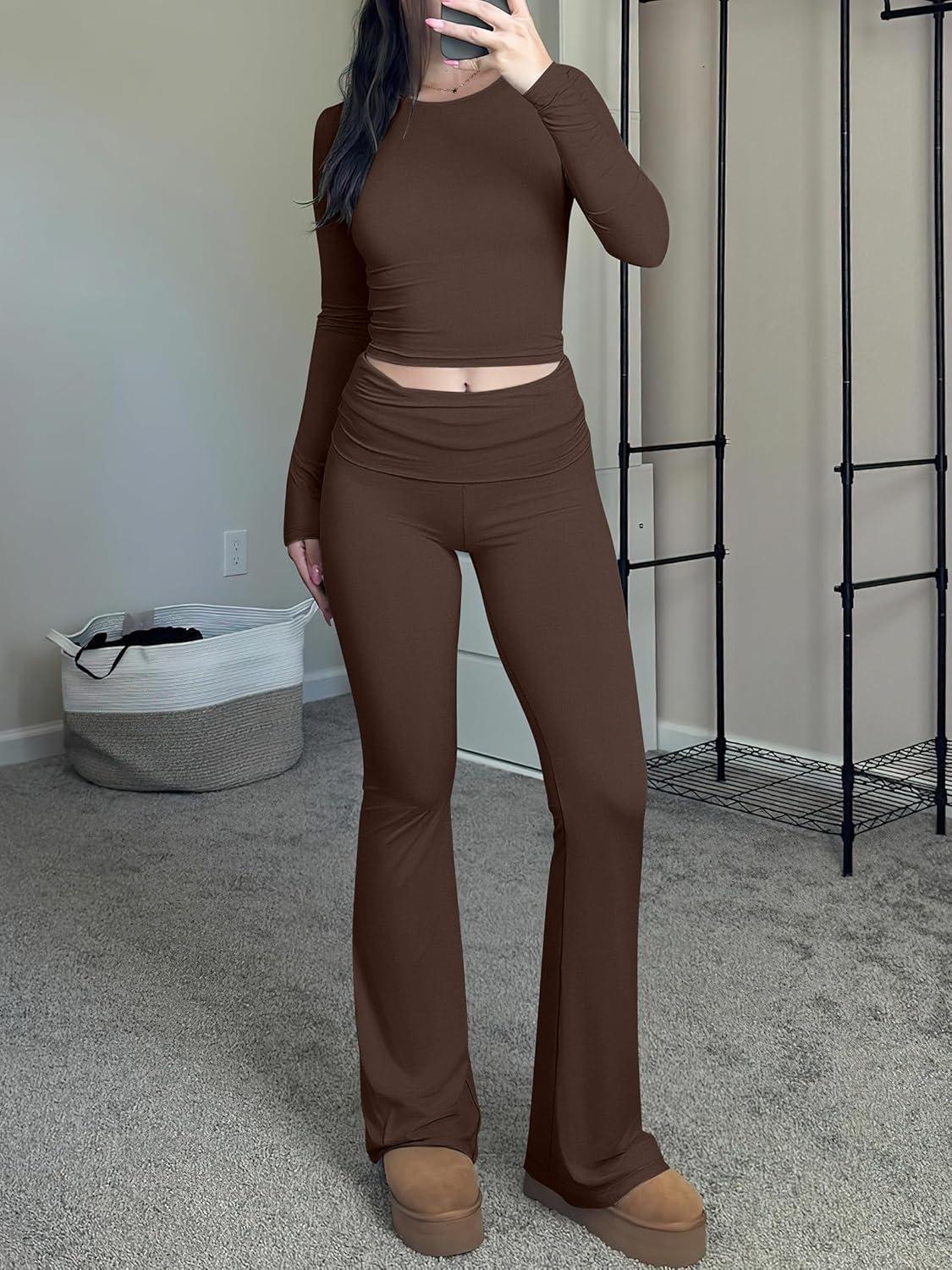 imageANRABESS Women 2 Piece Outfits Fall Lounge Sets Long Sleeve Cropped Top Fold Over Flare Pants Comfy Pajamas Set Y2K ClothesCoffee