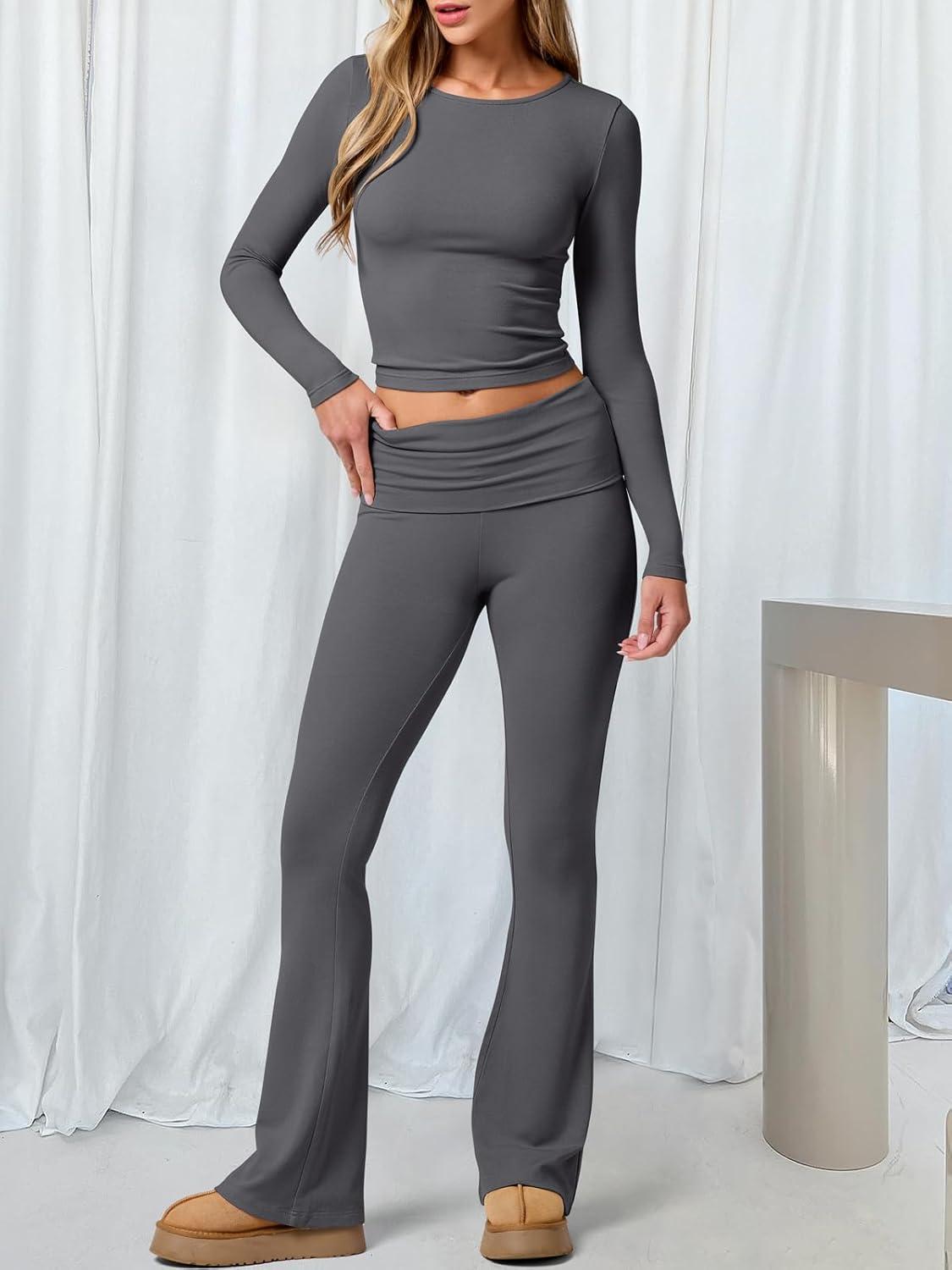 imageANRABESS Women 2 Piece Outfits Fall Lounge Sets Long Sleeve Cropped Top Fold Over Flare Pants Comfy Pajamas Set Y2K ClothesDeep Grey