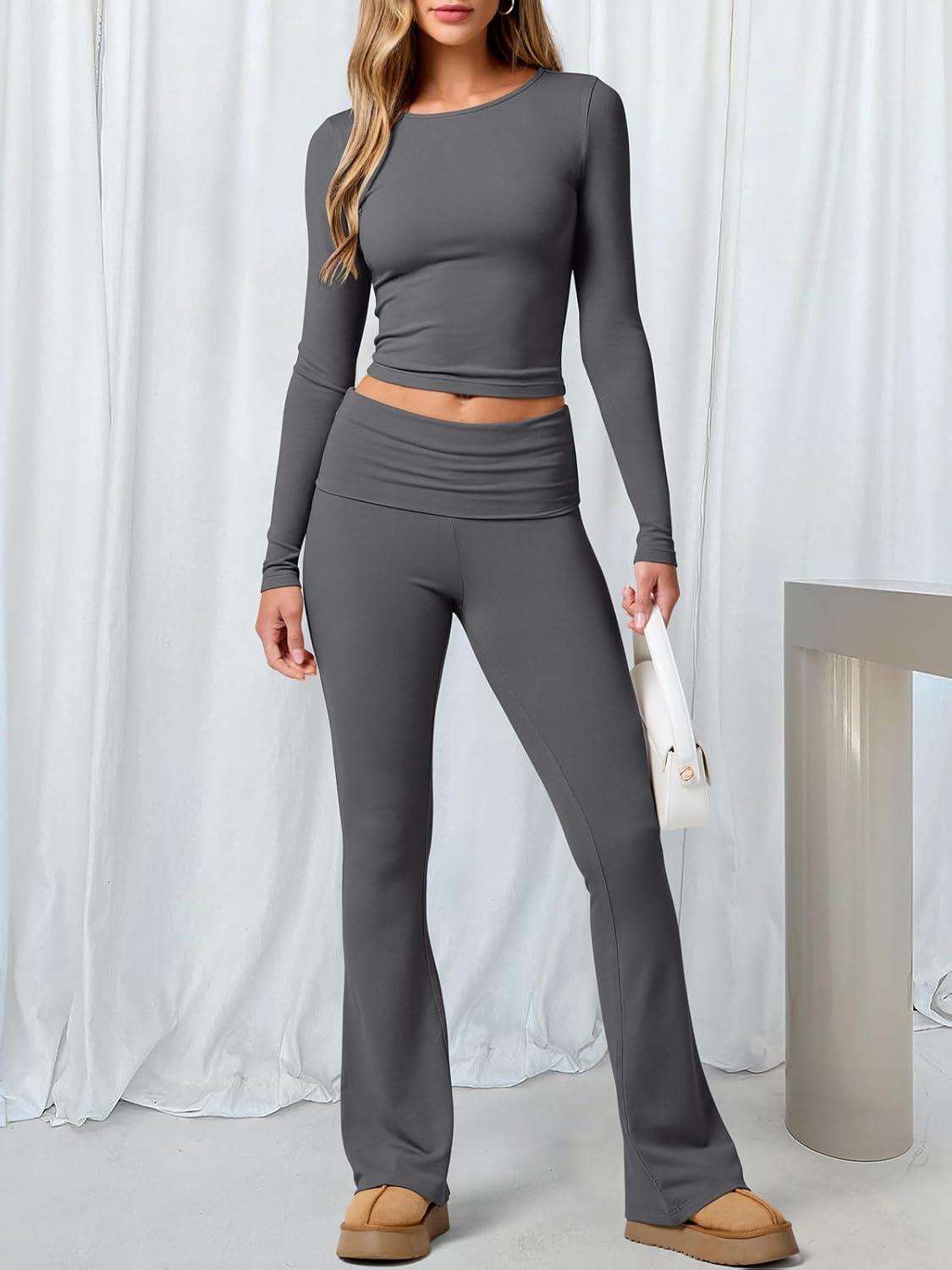 imageANRABESS Women 2 Piece Outfits Fall Lounge Sets Long Sleeve Cropped Top Fold Over Flare Pants Comfy Pajamas Set Y2K ClothesDeep Grey