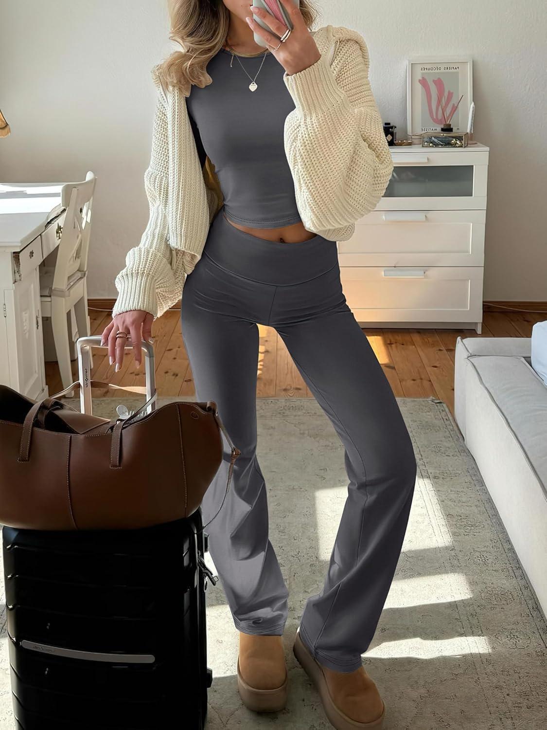 imageANRABESS Women 2 Piece Outfits Fall Lounge Sets Long Sleeve Cropped Top Fold Over Flare Pants Comfy Pajamas Set Y2K ClothesDeep Grey