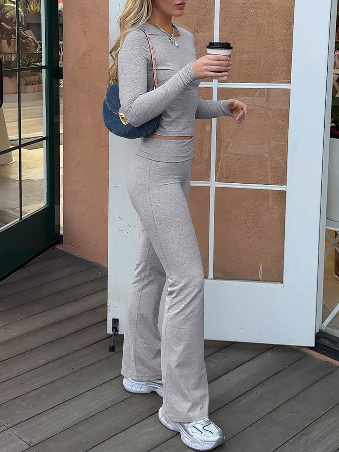 imageANRABESS Women 2 Piece Outfits Fall Lounge Sets Long Sleeve Cropped Top Fold Over Flare Pants Comfy Pajamas Set Y2K ClothesGrey