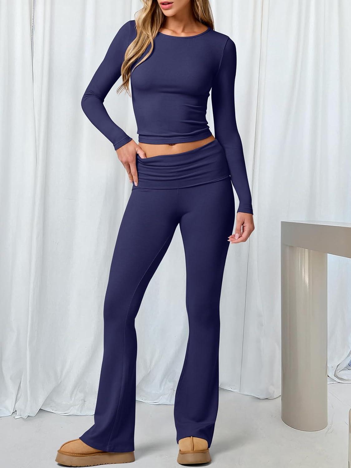 imageANRABESS Women 2 Piece Outfits Fall Lounge Sets Long Sleeve Cropped Top Fold Over Flare Pants Comfy Pajamas Set Y2K ClothesNavy Blue
