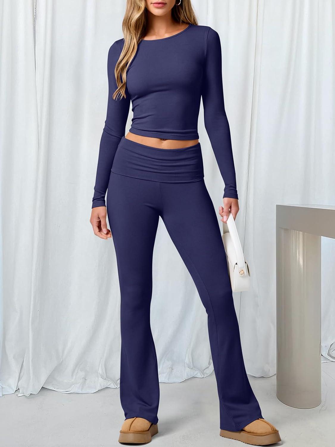 imageANRABESS Women 2 Piece Outfits Fall Lounge Sets Long Sleeve Cropped Top Fold Over Flare Pants Comfy Pajamas Set Y2K ClothesNavy Blue