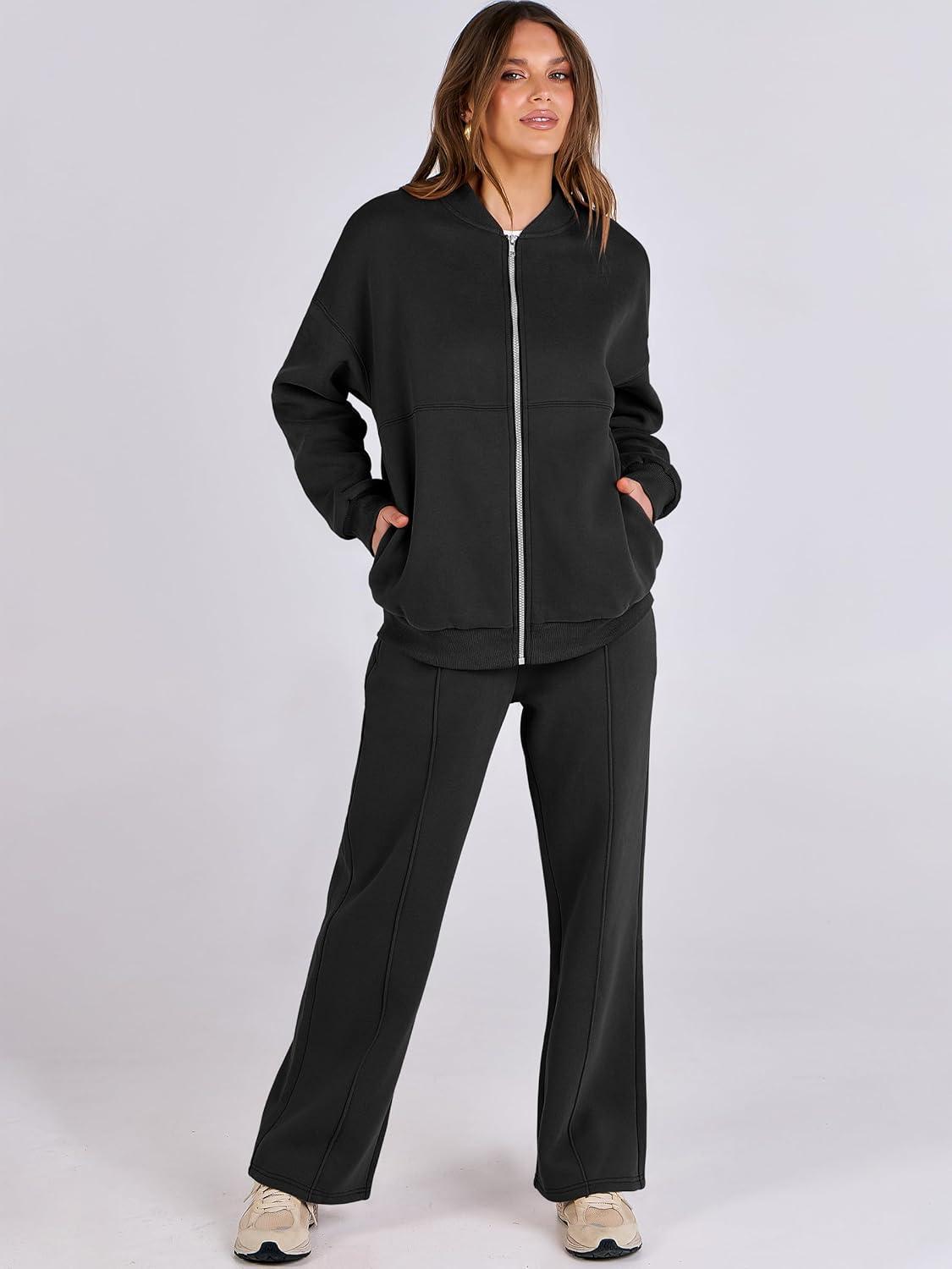 imageANRABESS Women 2 Piece Outfits Lounge Set Oversized Zip Up Sweatshirt Jacket Sweatpant Matching Sweat Sets Winter SweatsuitsBlack