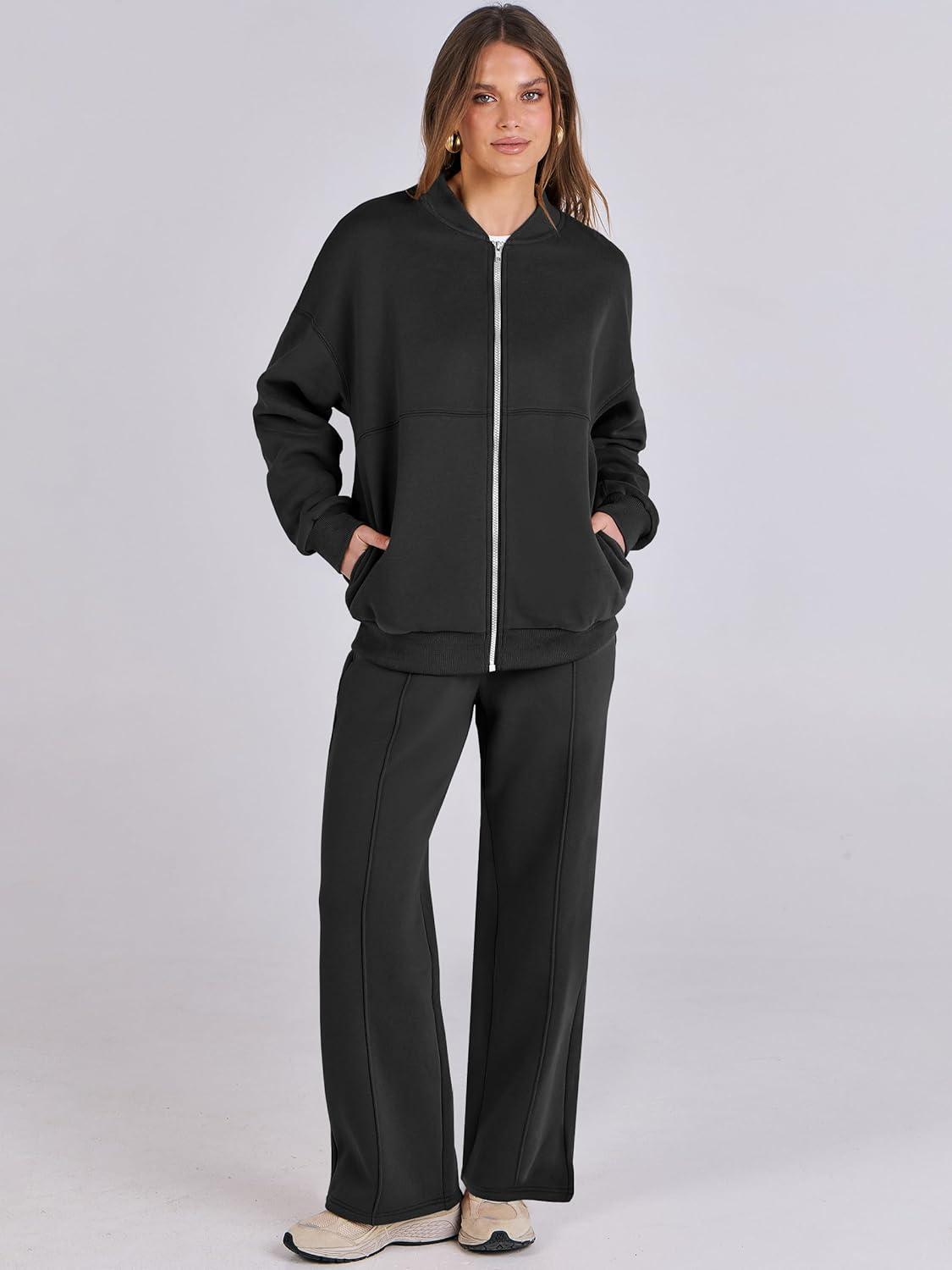 imageANRABESS Women 2 Piece Outfits Lounge Set Oversized Zip Up Sweatshirt Jacket Sweatpant Matching Sweat Sets Winter SweatsuitsBlack