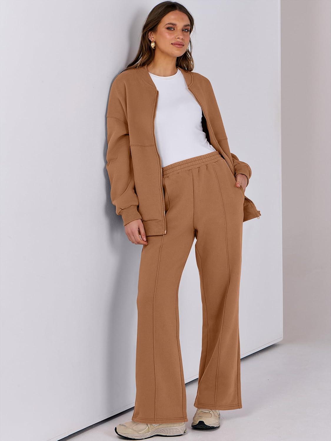 imageANRABESS Women 2 Piece Outfits Lounge Set Oversized Zip Up Sweatshirt Jacket Sweatpant Matching Sweat Sets Winter SweatsuitsBrown