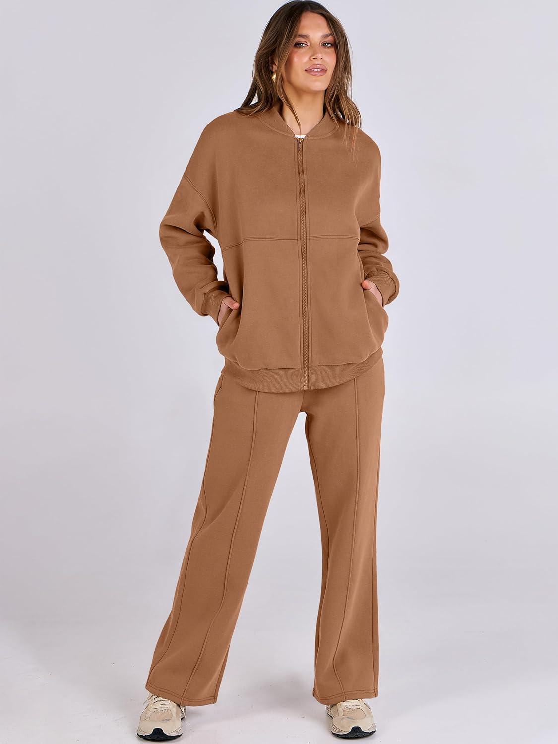 imageANRABESS Women 2 Piece Outfits Lounge Set Oversized Zip Up Sweatshirt Jacket Sweatpant Matching Sweat Sets Winter SweatsuitsBrown