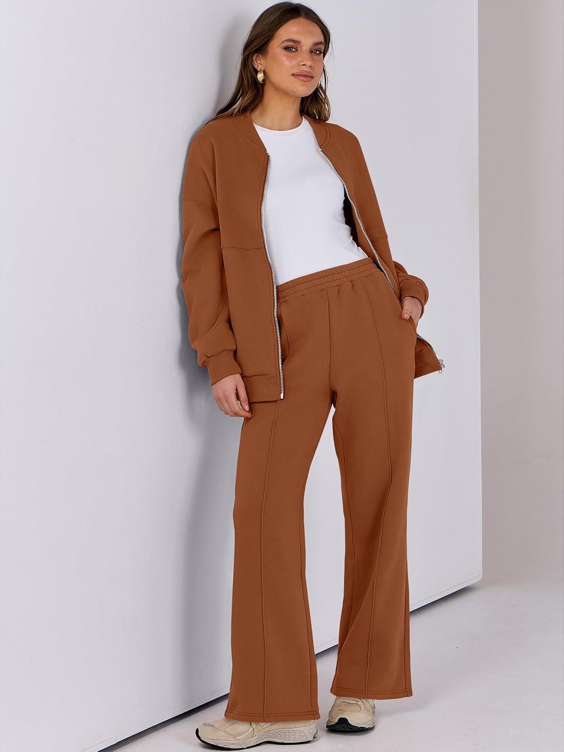 imageANRABESS Women 2 Piece Outfits Lounge Set Oversized Zip Up Sweatshirt Jacket Sweatpant Matching Sweat Sets Winter SweatsuitsCaramel