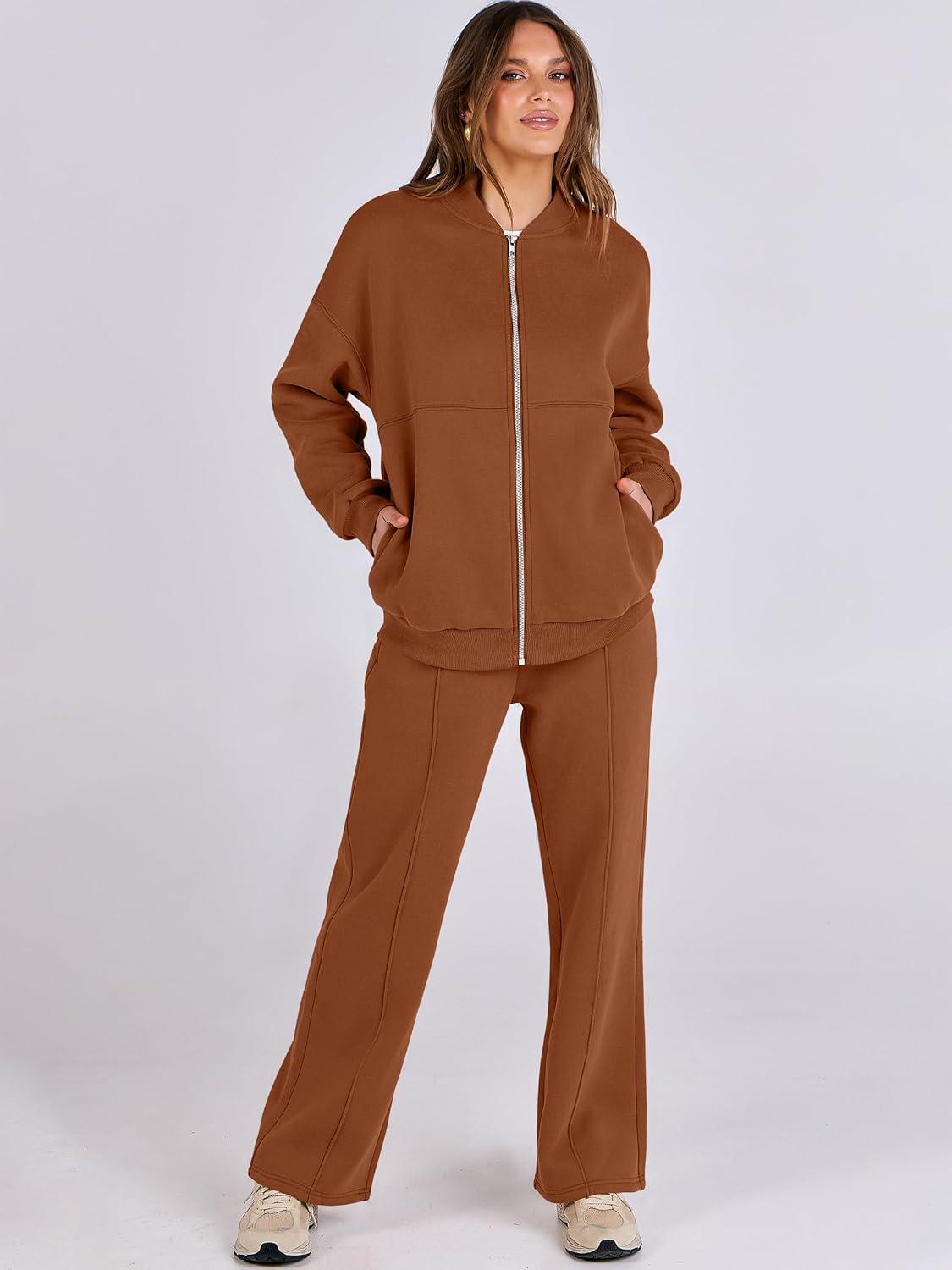 imageANRABESS Women 2 Piece Outfits Lounge Set Oversized Zip Up Sweatshirt Jacket Sweatpant Matching Sweat Sets Winter SweatsuitsCaramel