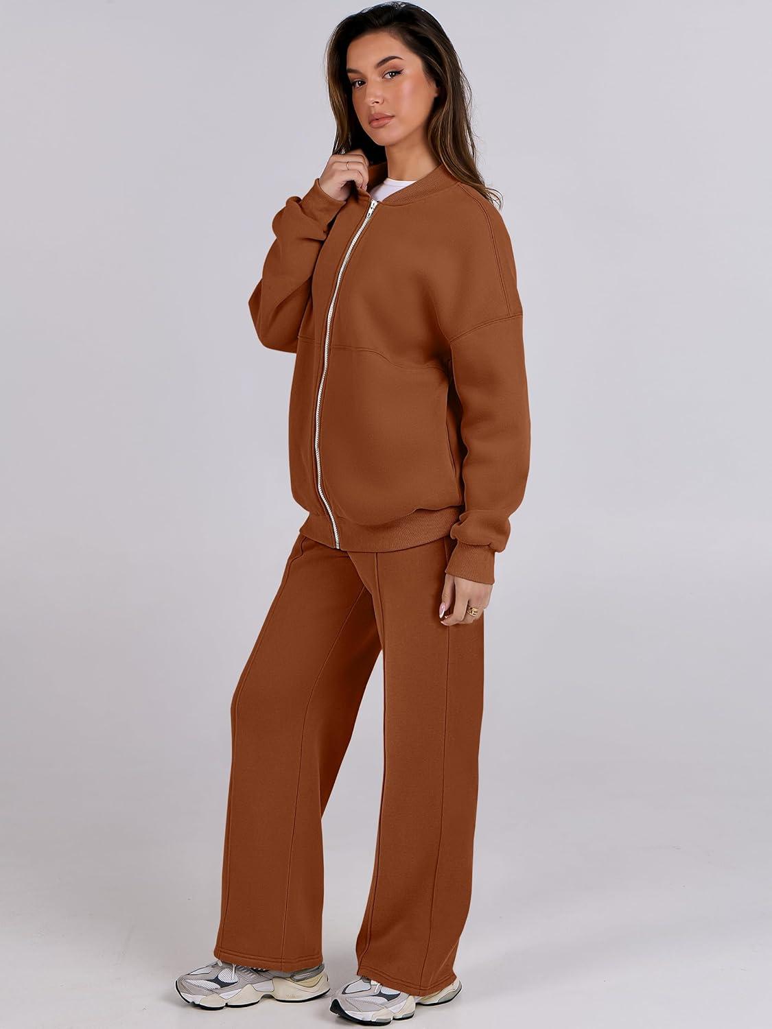 imageANRABESS Women 2 Piece Outfits Lounge Set Oversized Zip Up Sweatshirt Jacket Sweatpant Matching Sweat Sets Winter SweatsuitsCaramel