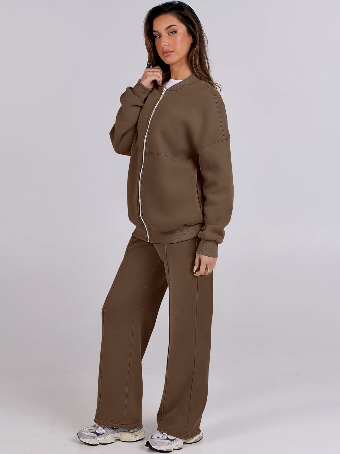 imageANRABESS Women 2 Piece Outfits Lounge Set Oversized Zip Up Sweatshirt Jacket Sweatpant Matching Sweat Sets Winter SweatsuitsDark Brown