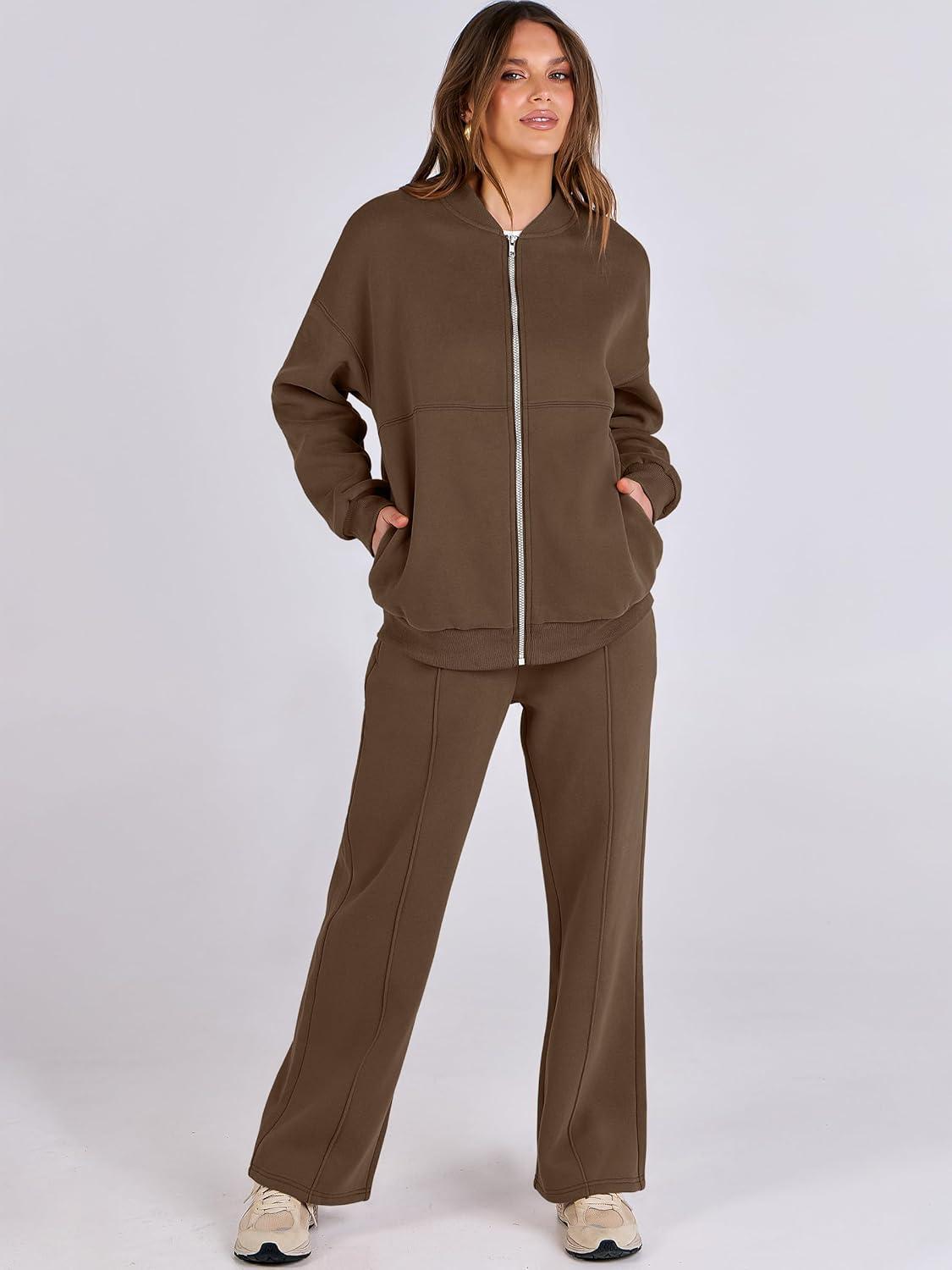 imageANRABESS Women 2 Piece Outfits Lounge Set Oversized Zip Up Sweatshirt Jacket Sweatpant Matching Sweat Sets Winter SweatsuitsDark Brown