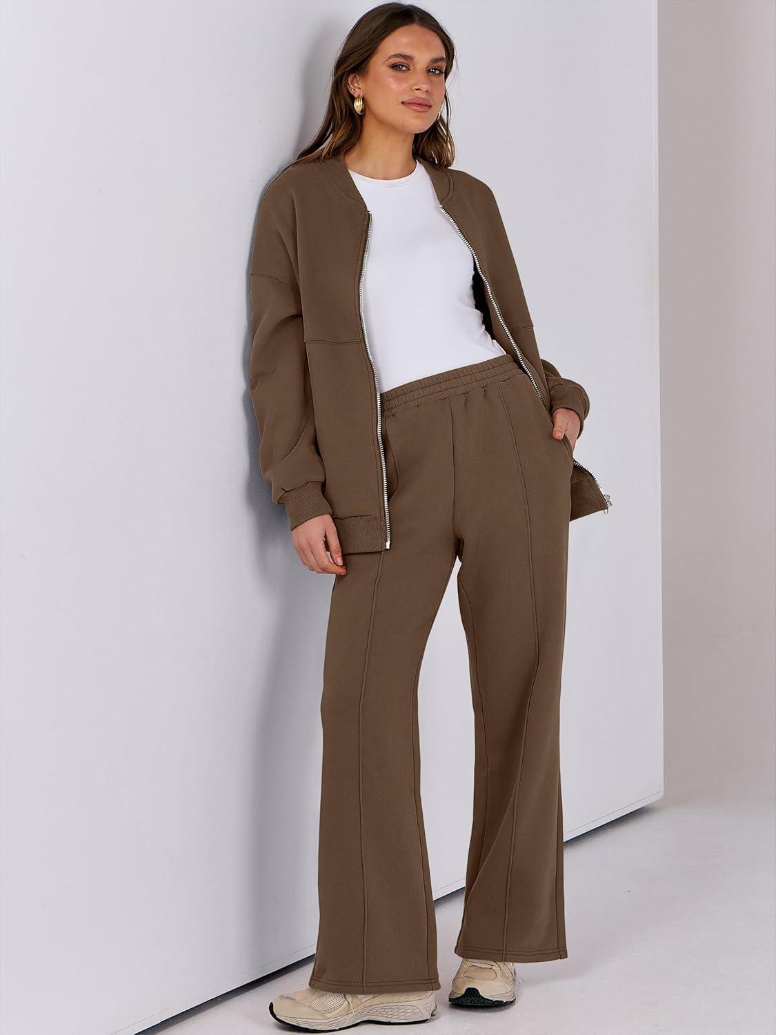 imageANRABESS Women 2 Piece Outfits Lounge Set Oversized Zip Up Sweatshirt Jacket Sweatpant Matching Sweat Sets Winter SweatsuitsDark Brown