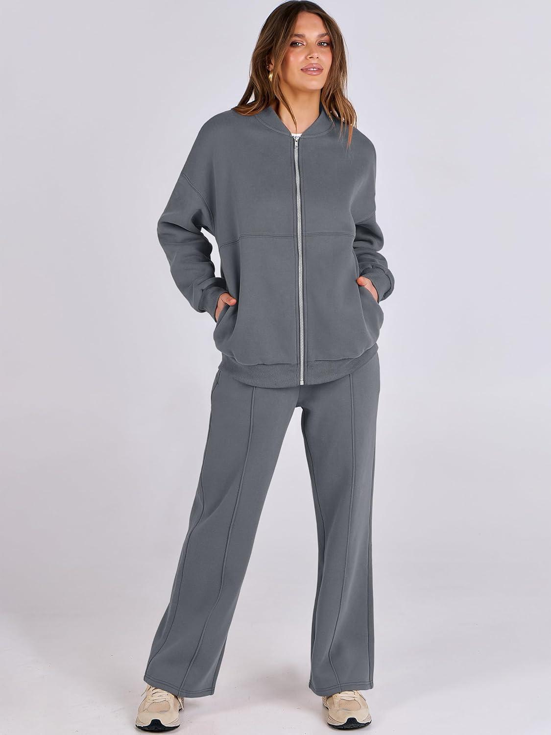 imageANRABESS Women 2 Piece Outfits Lounge Set Oversized Zip Up Sweatshirt Jacket Sweatpant Matching Sweat Sets Winter SweatsuitsDark Grey