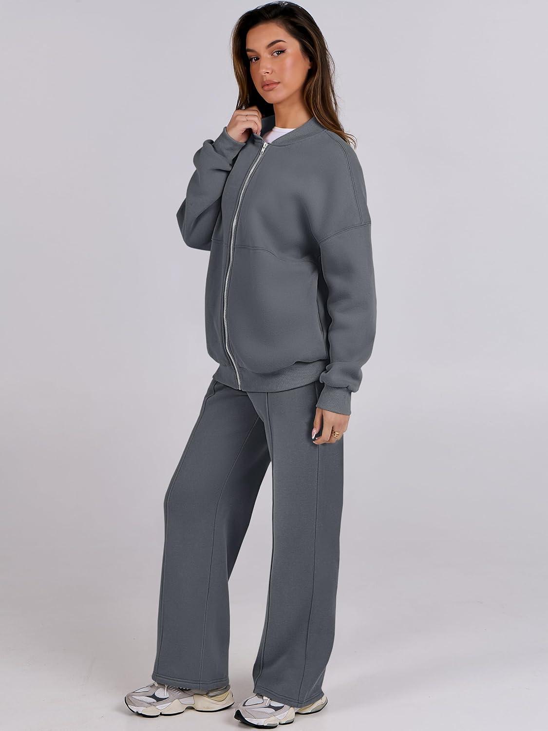 imageANRABESS Women 2 Piece Outfits Lounge Set Oversized Zip Up Sweatshirt Jacket Sweatpant Matching Sweat Sets Winter SweatsuitsDark Grey