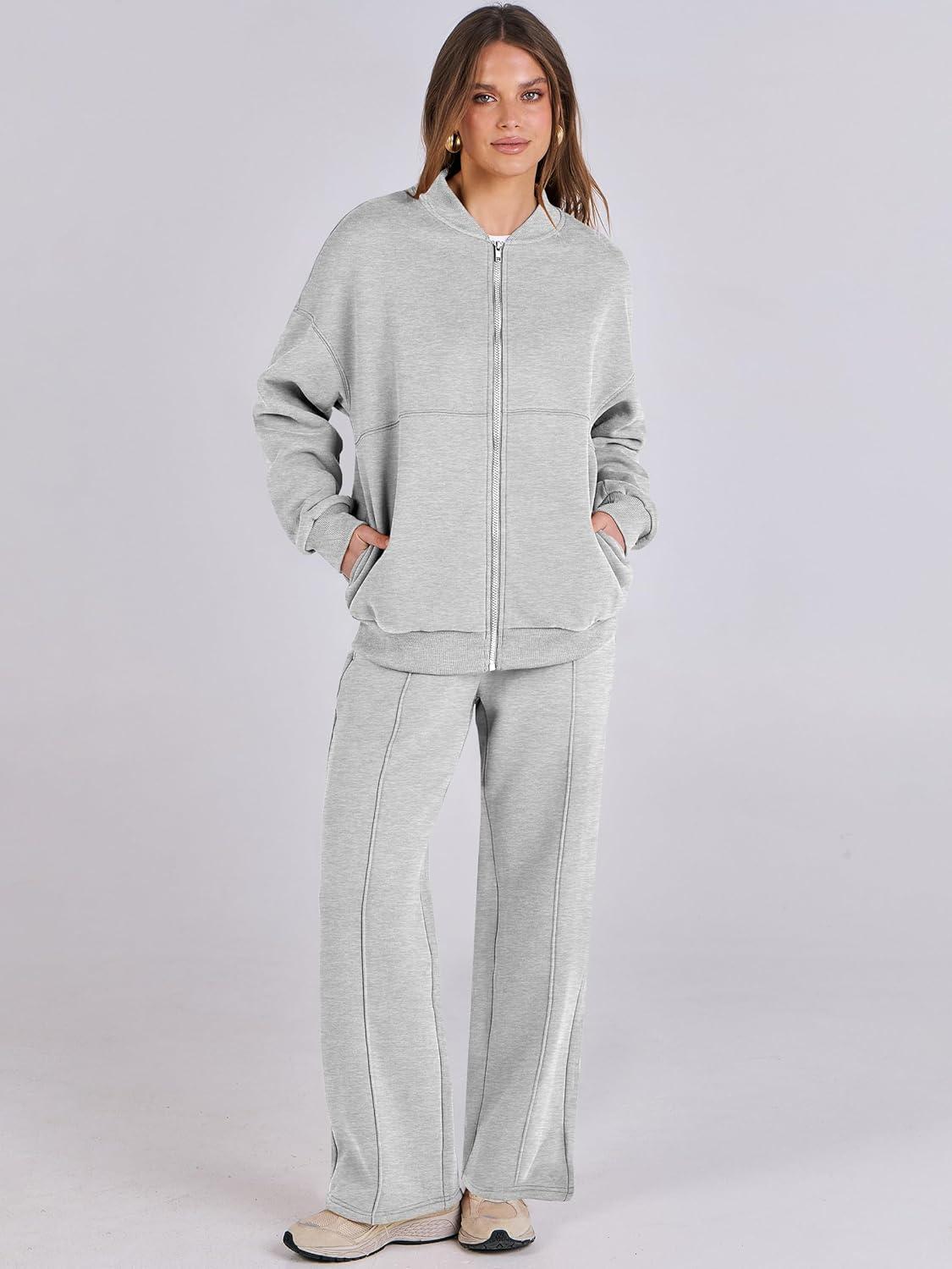 imageANRABESS Women 2 Piece Outfits Lounge Set Oversized Zip Up Sweatshirt Jacket Sweatpant Matching Sweat Sets Winter SweatsuitsGrey