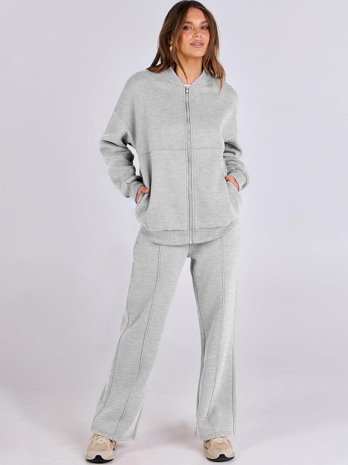 imageANRABESS Women 2 Piece Outfits Lounge Set Oversized Zip Up Sweatshirt Jacket Sweatpant Matching Sweat Sets Winter SweatsuitsGrey