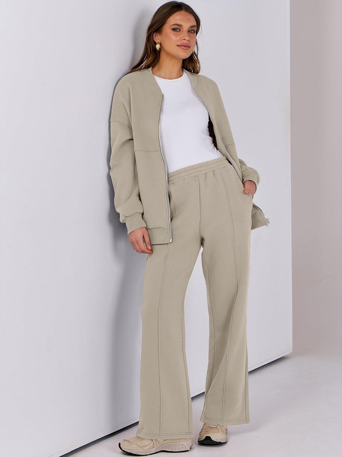 imageANRABESS Women 2 Piece Outfits Lounge Set Oversized Zip Up Sweatshirt Jacket Sweatpant Matching Sweat Sets Winter SweatsuitsKhaki