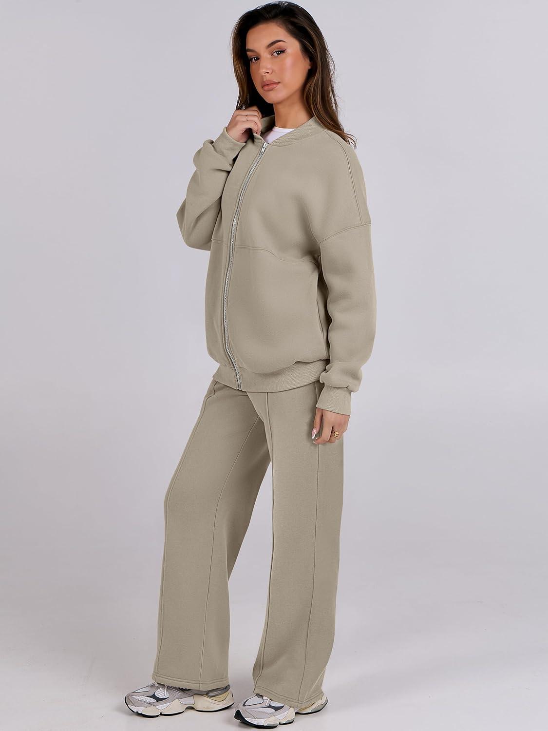 imageANRABESS Women 2 Piece Outfits Lounge Set Oversized Zip Up Sweatshirt Jacket Sweatpant Matching Sweat Sets Winter SweatsuitsKhaki