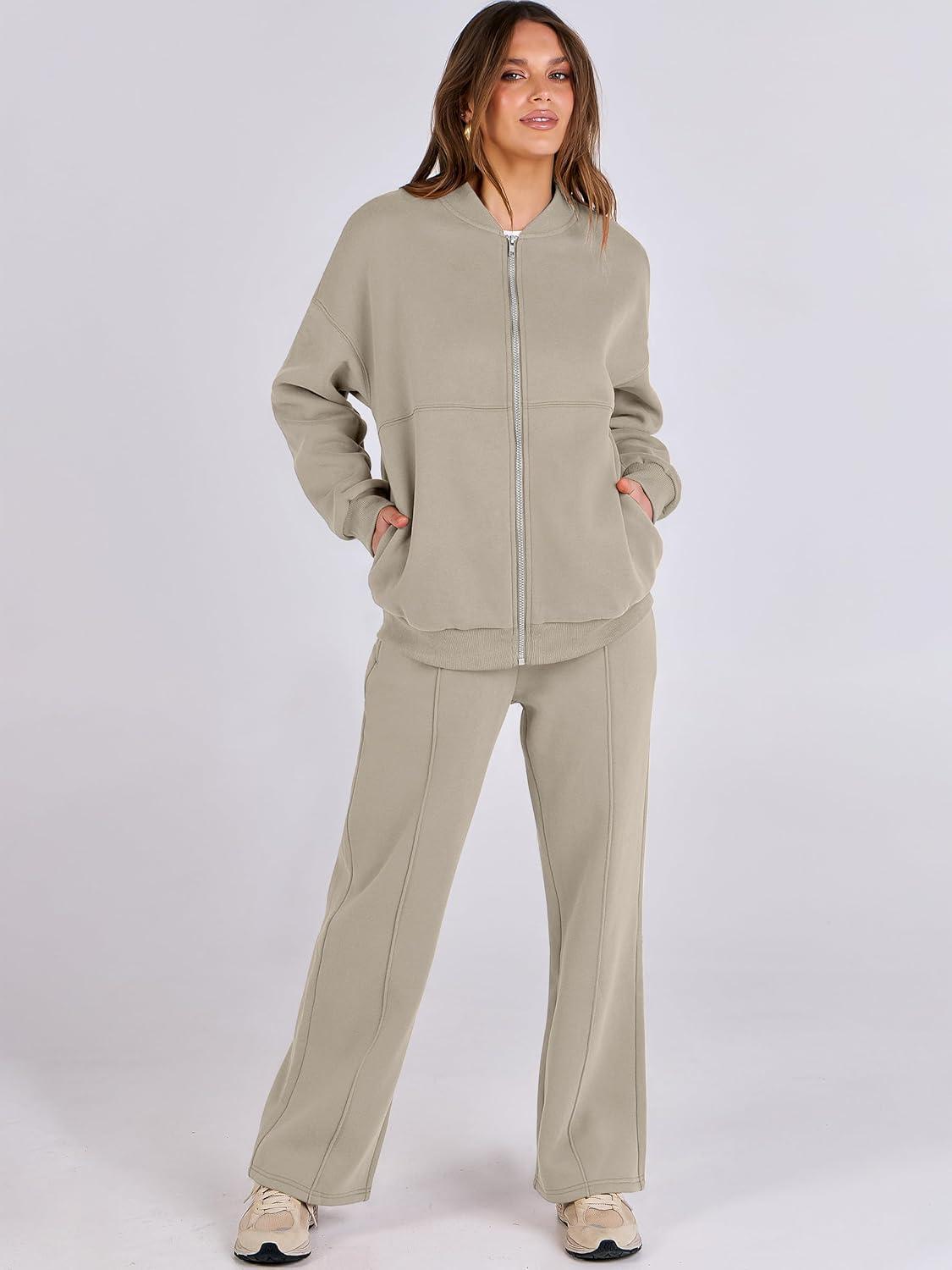 imageANRABESS Women 2 Piece Outfits Lounge Set Oversized Zip Up Sweatshirt Jacket Sweatpant Matching Sweat Sets Winter SweatsuitsKhaki