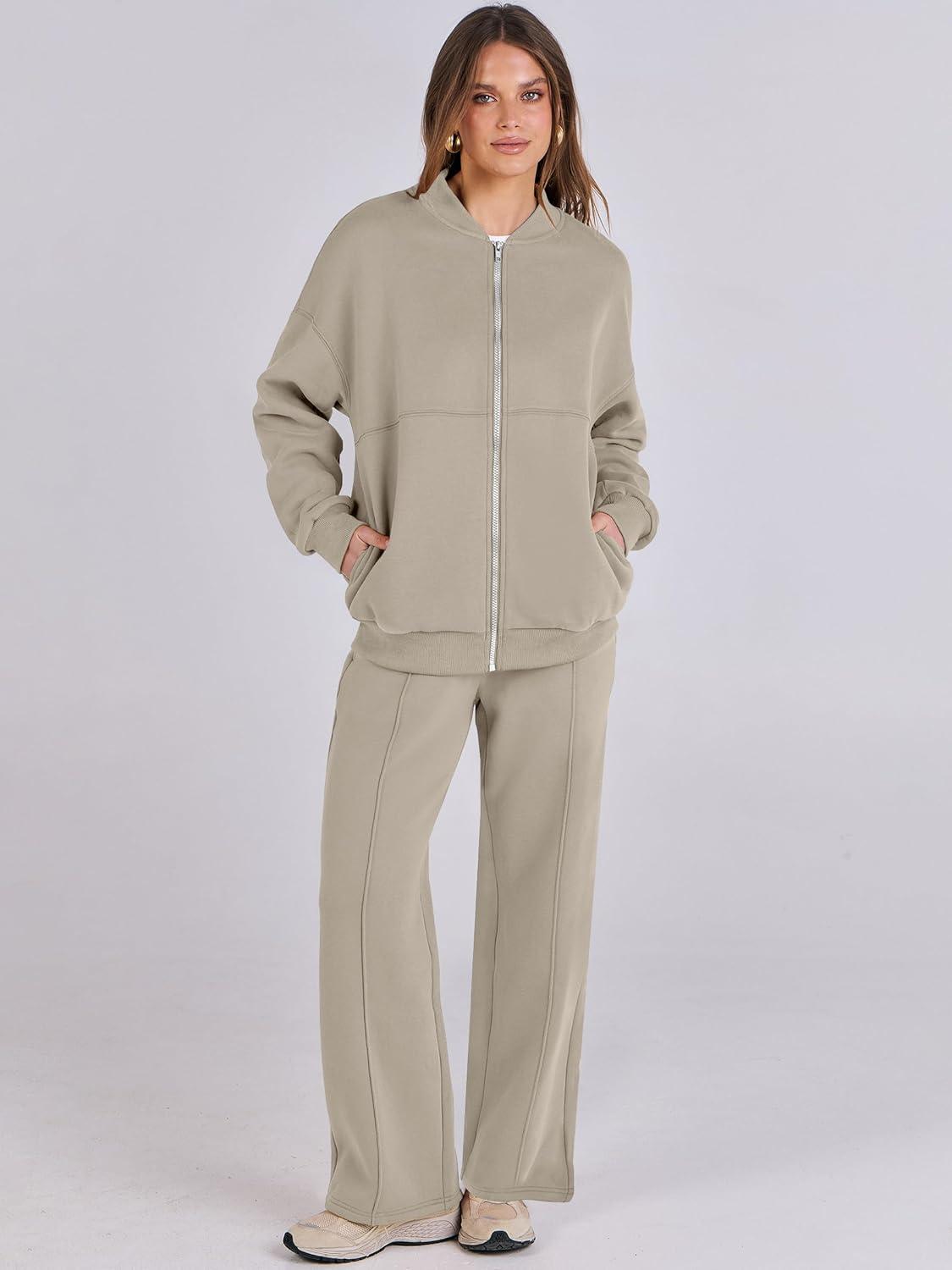 imageANRABESS Women 2 Piece Outfits Lounge Set Oversized Zip Up Sweatshirt Jacket Sweatpant Matching Sweat Sets Winter SweatsuitsKhaki