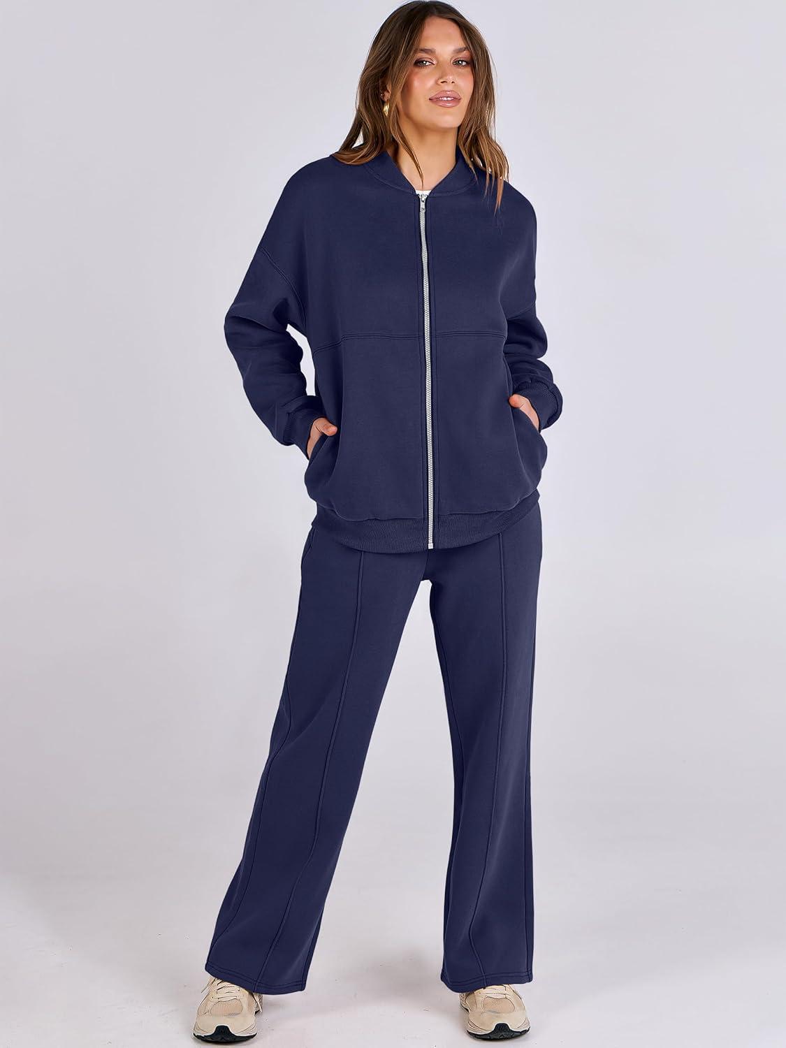 imageANRABESS Women 2 Piece Outfits Lounge Set Oversized Zip Up Sweatshirt Jacket Sweatpant Matching Sweat Sets Winter SweatsuitsNavy Blue