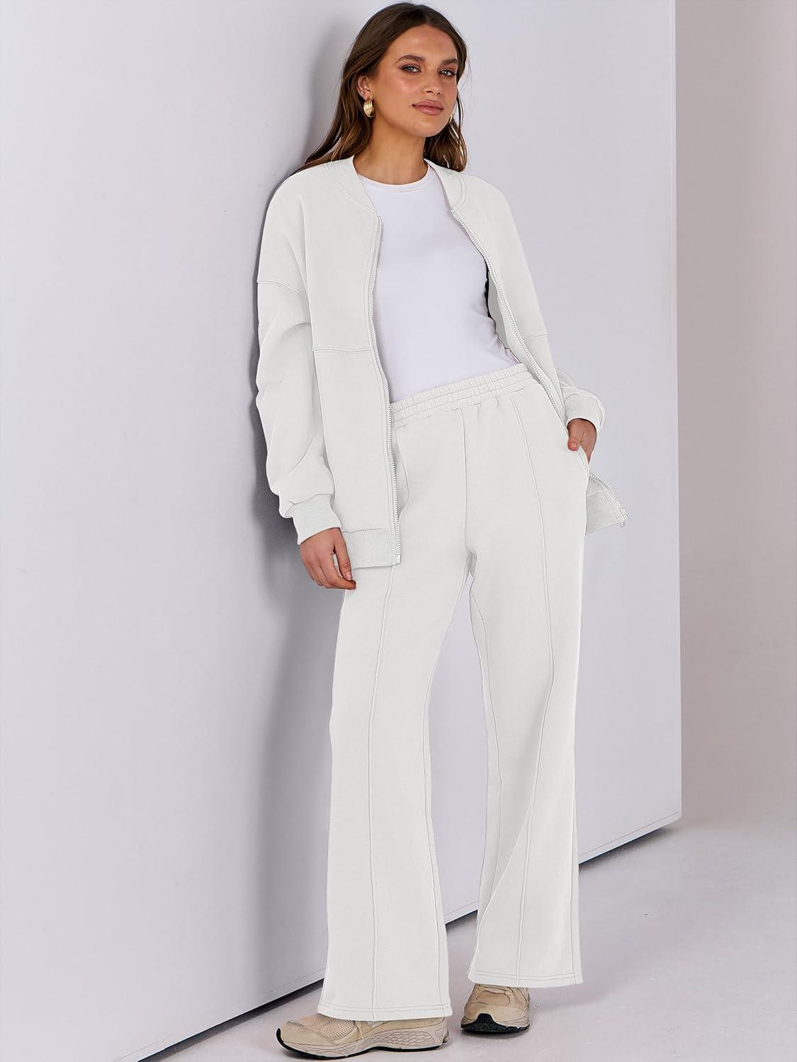 imageANRABESS Women 2 Piece Outfits Lounge Set Oversized Zip Up Sweatshirt Jacket Sweatpant Matching Sweat Sets Winter SweatsuitsWhite