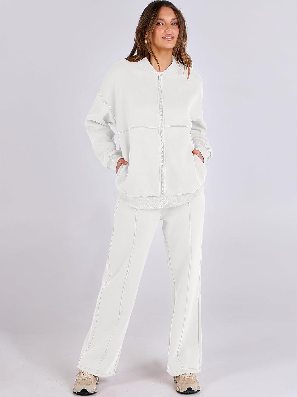 imageANRABESS Women 2 Piece Outfits Lounge Set Oversized Zip Up Sweatshirt Jacket Sweatpant Matching Sweat Sets Winter SweatsuitsWhite