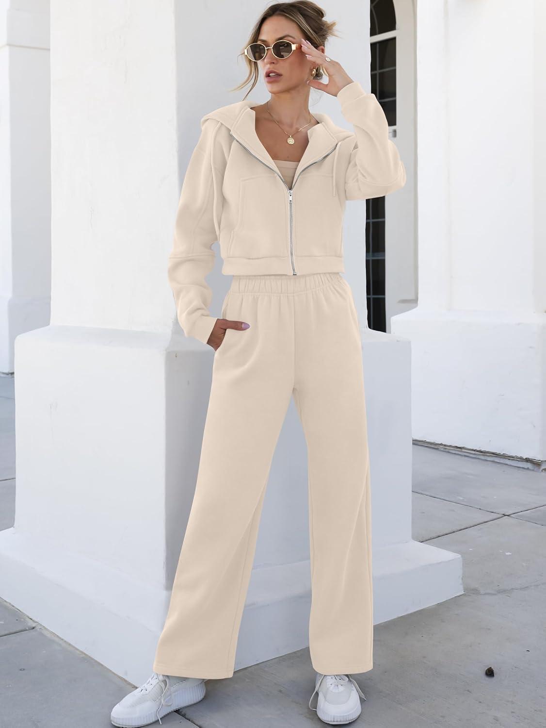 imageANRABESS Women 2 Piece Outfits Sweatsuit Zip Up Crop Hoodies SweatPants Lounge Matching Sweat Set 2024 Winter Trendy ClothesBeige