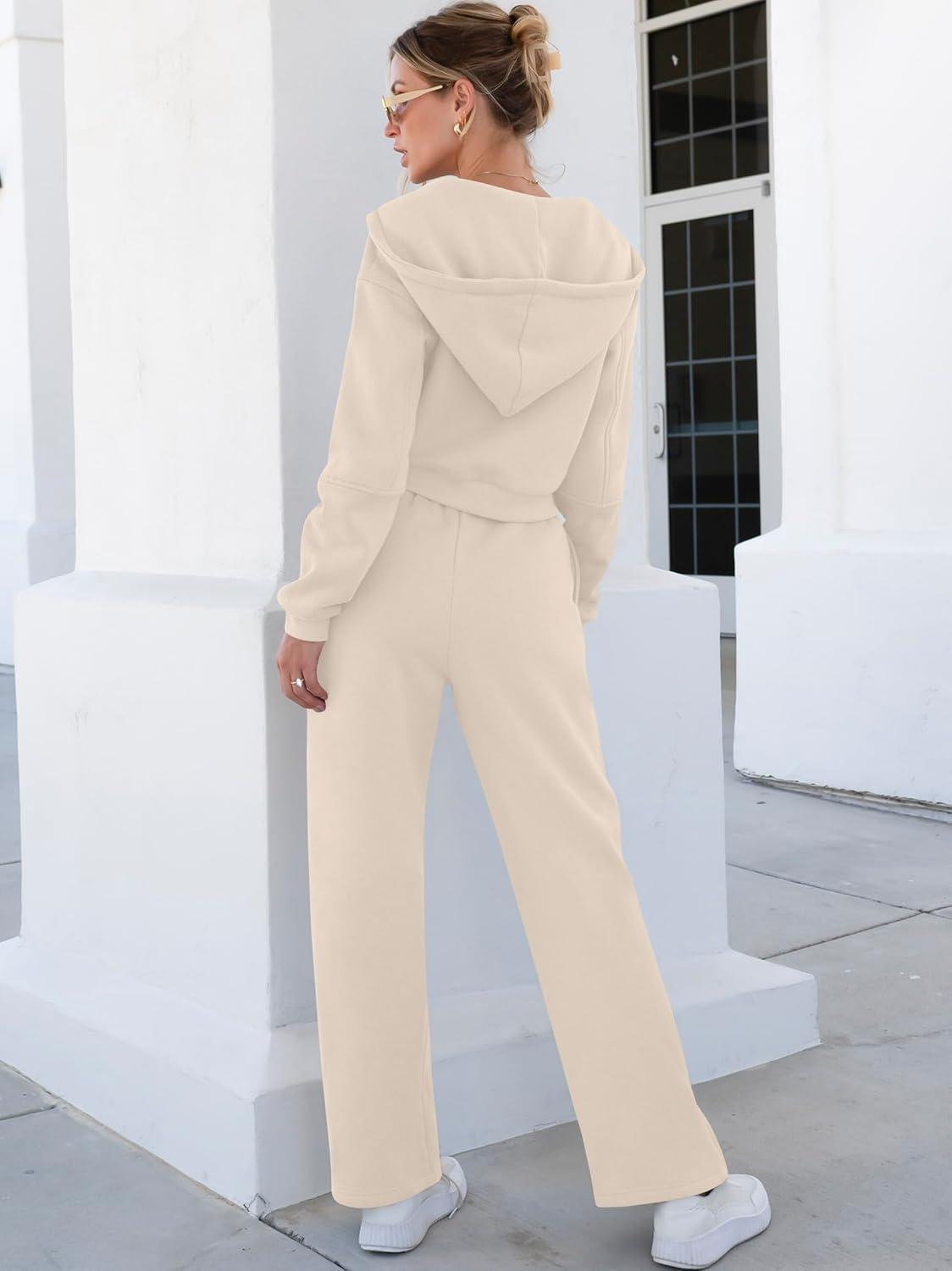 imageANRABESS Women 2 Piece Outfits Sweatsuit Zip Up Crop Hoodies SweatPants Lounge Matching Sweat Set 2024 Winter Trendy ClothesBeige