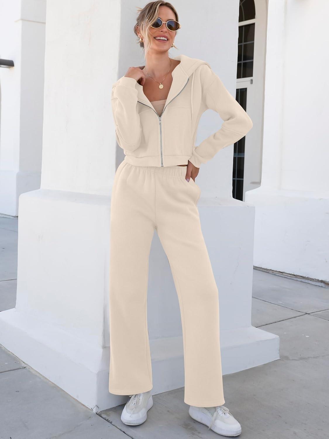 imageANRABESS Women 2 Piece Outfits Sweatsuit Zip Up Crop Hoodies SweatPants Lounge Matching Sweat Set 2024 Winter Trendy ClothesBeige