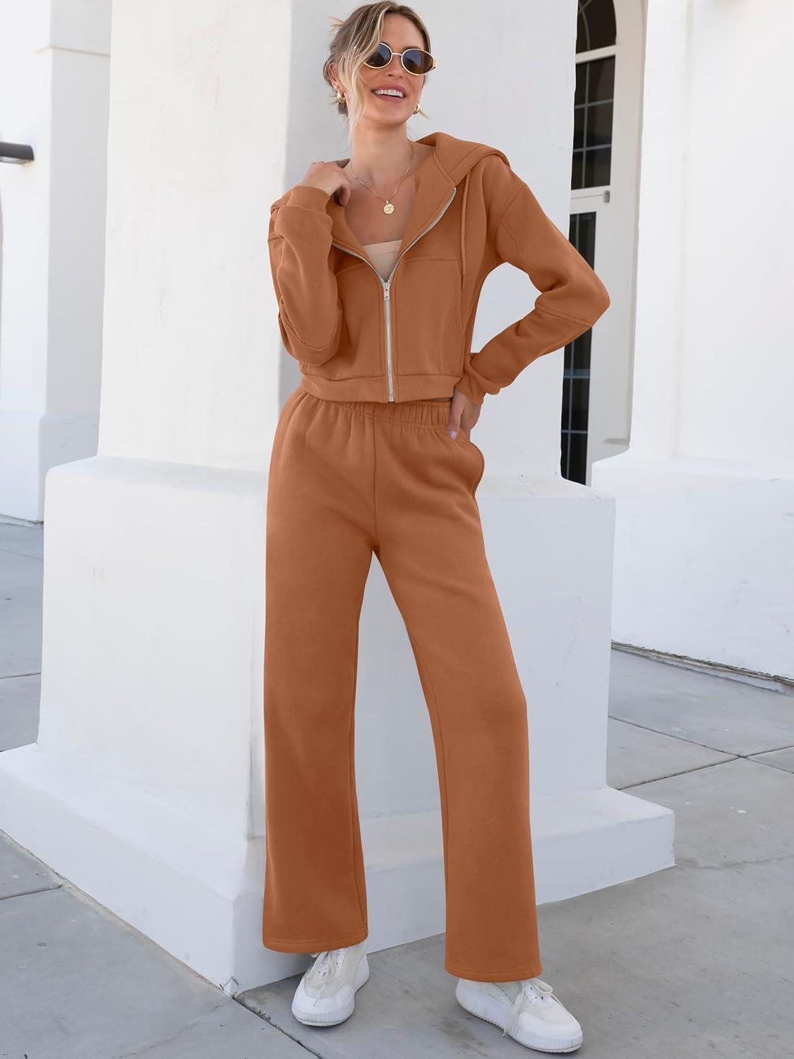 imageANRABESS Women 2 Piece Outfits Sweatsuit Zip Up Crop Hoodies SweatPants Lounge Matching Sweat Set 2024 Winter Trendy ClothesCoffee