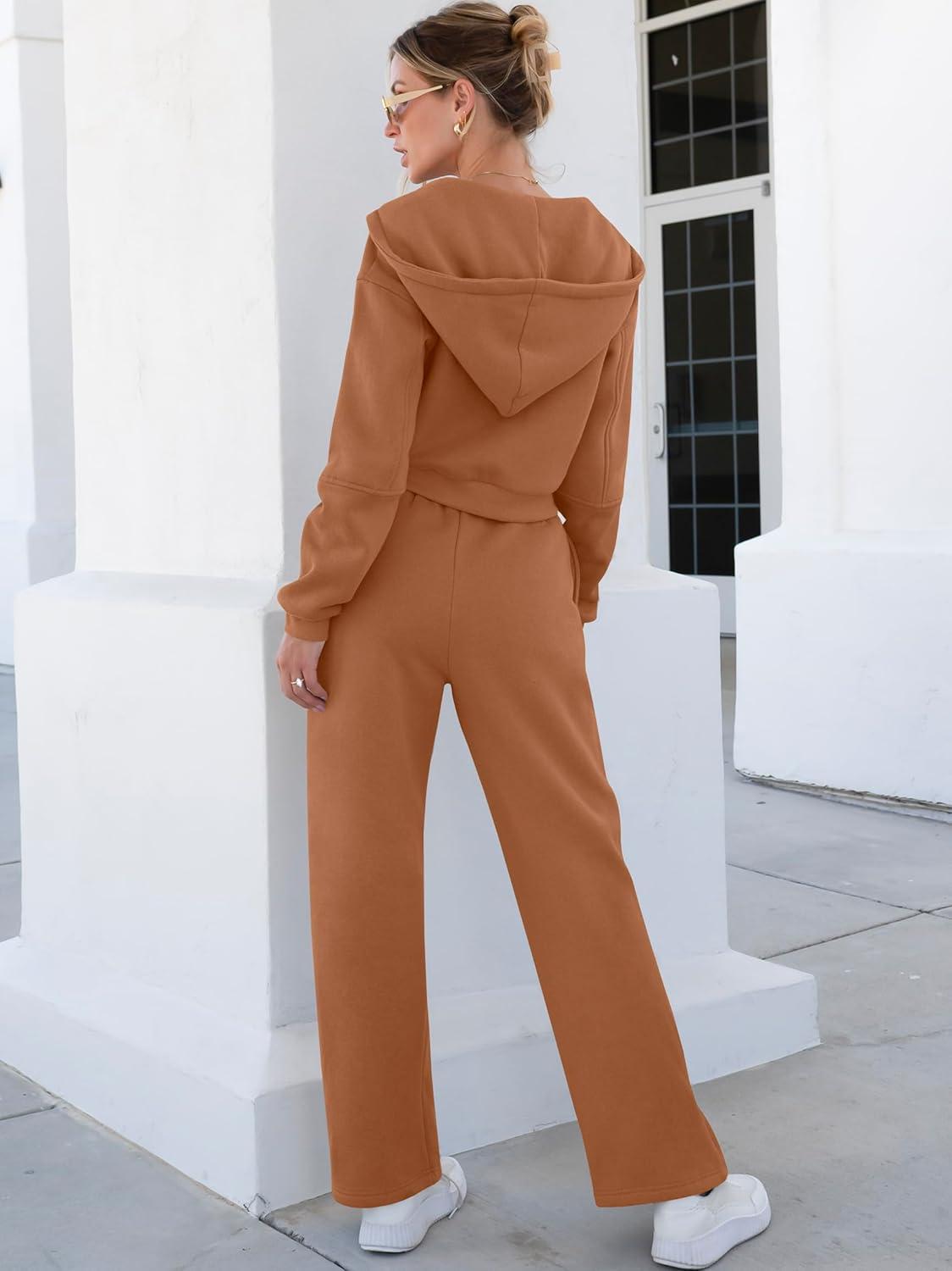 imageANRABESS Women 2 Piece Outfits Sweatsuit Zip Up Crop Hoodies SweatPants Lounge Matching Sweat Set 2024 Winter Trendy ClothesCoffee