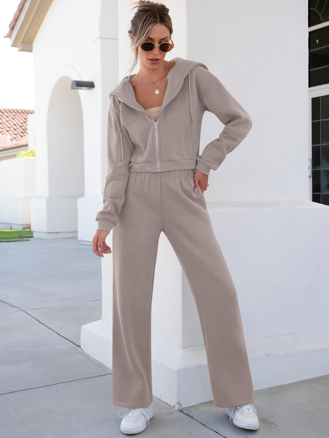 imageANRABESS Women 2 Piece Outfits Sweatsuit Zip Up Crop Hoodies SweatPants Lounge Matching Sweat Set 2024 Winter Trendy ClothesCoffeegrey