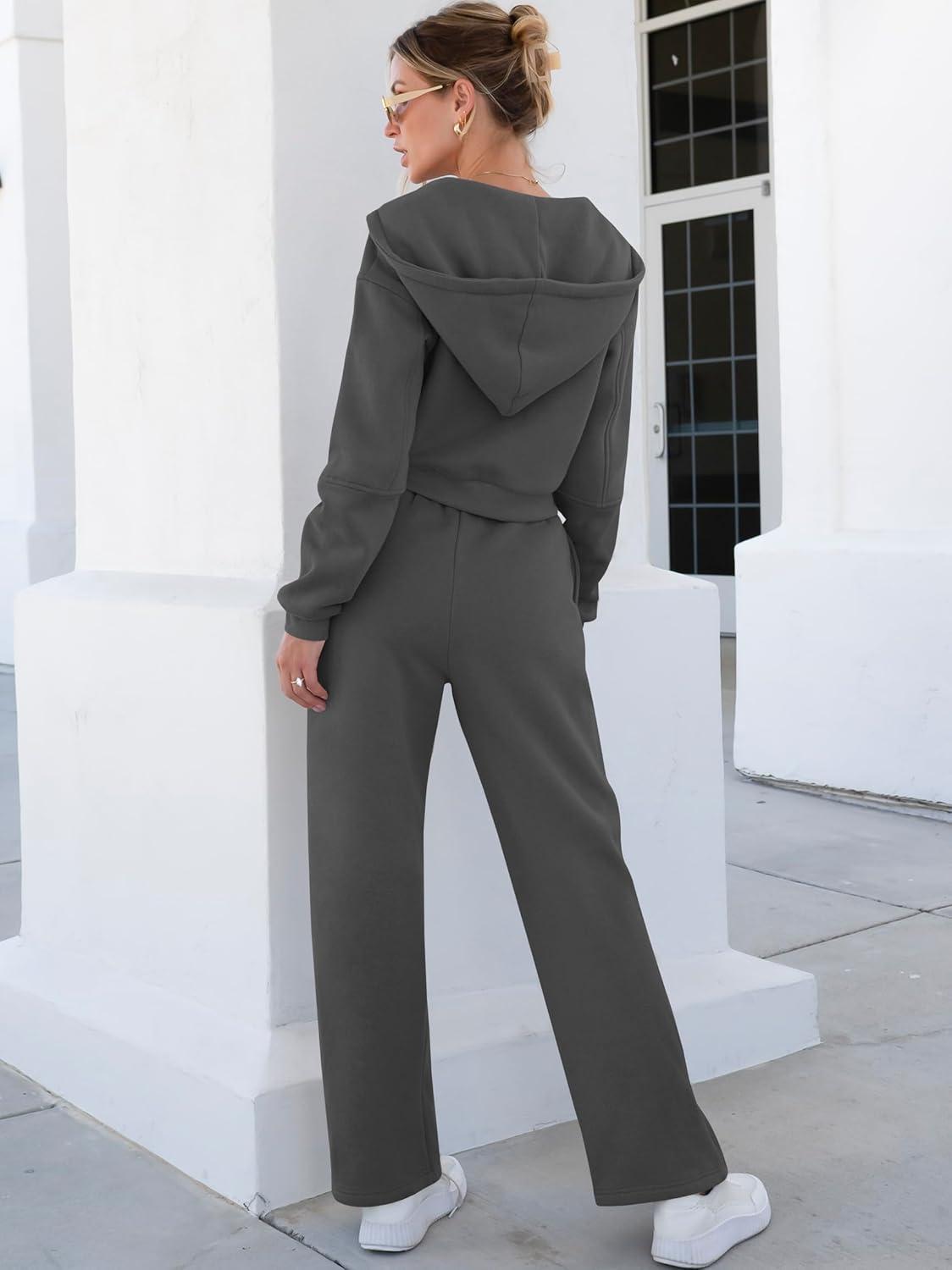 imageANRABESS Women 2 Piece Outfits Sweatsuit Zip Up Crop Hoodies SweatPants Lounge Matching Sweat Set 2024 Winter Trendy ClothesDark Grey