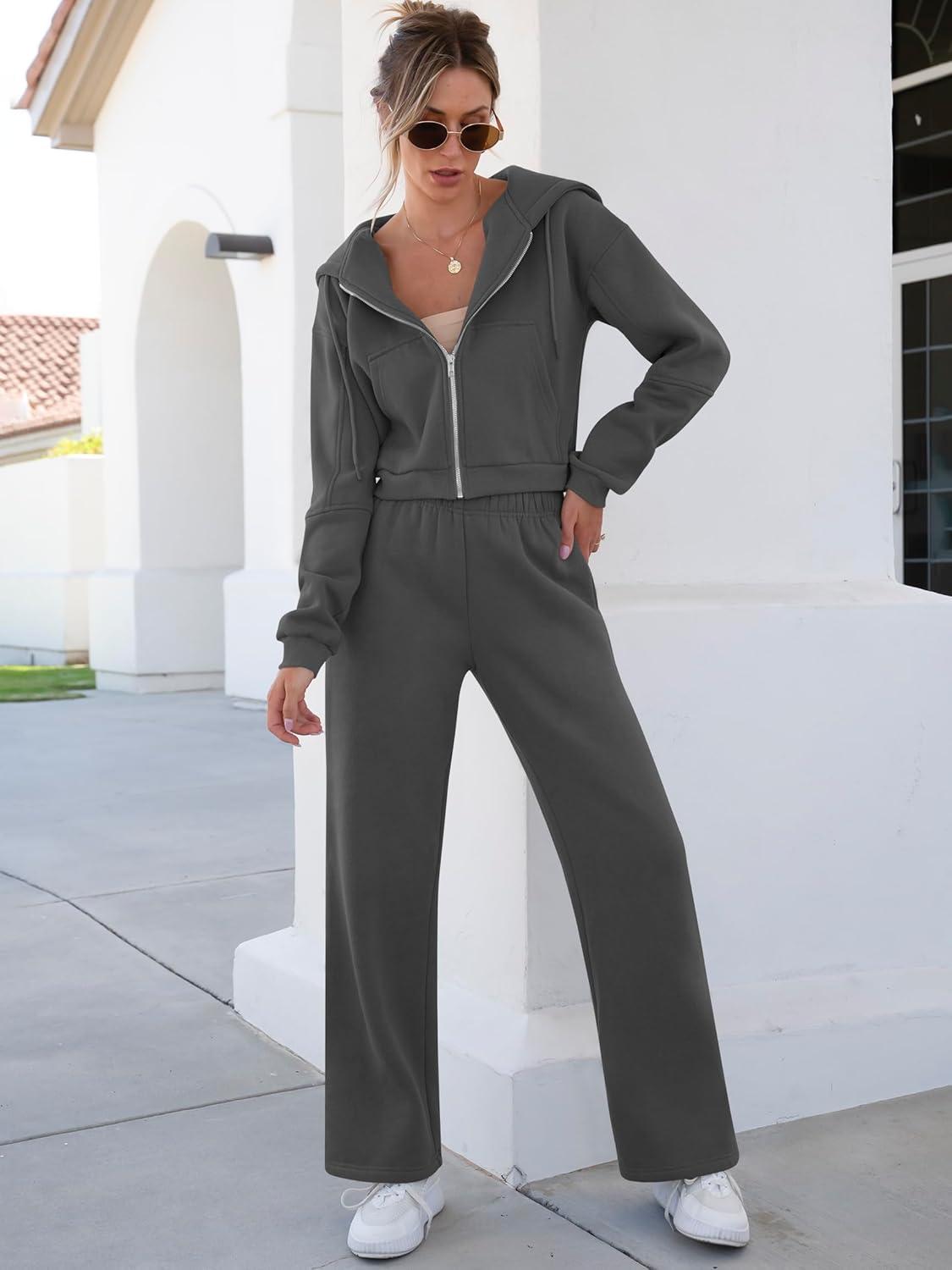 imageANRABESS Women 2 Piece Outfits Sweatsuit Zip Up Crop Hoodies SweatPants Lounge Matching Sweat Set 2024 Winter Trendy ClothesDark Grey