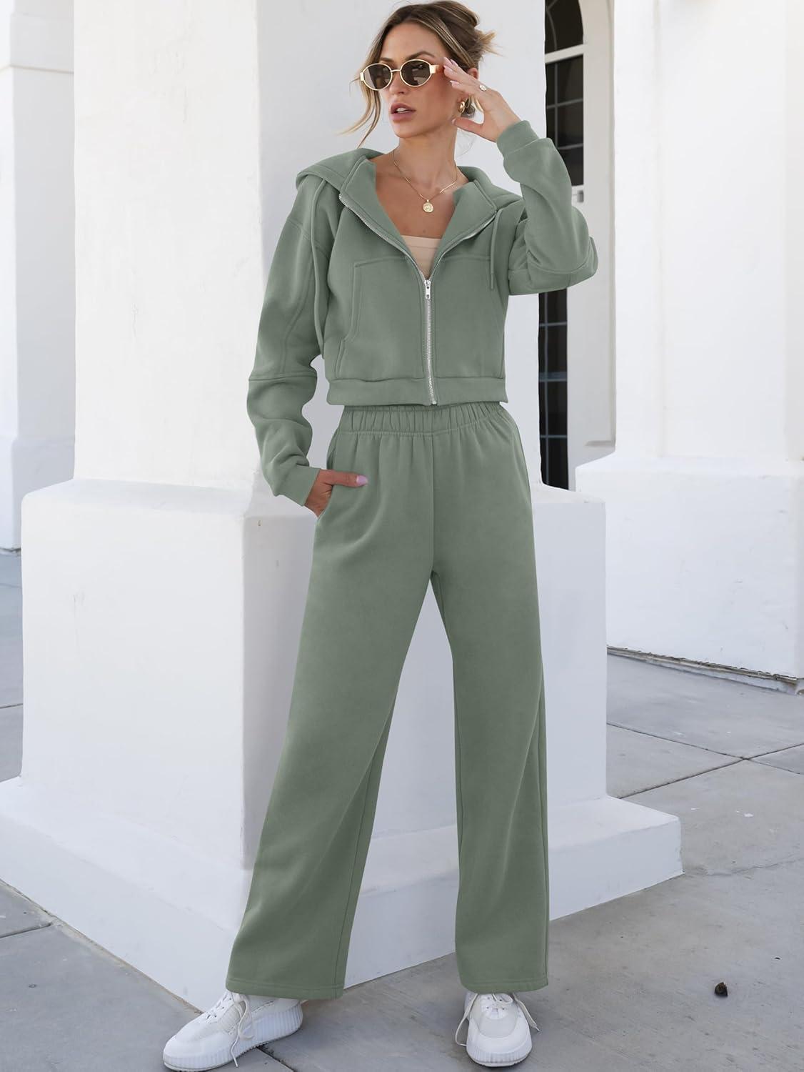 imageANRABESS Women 2 Piece Outfits Sweatsuit Zip Up Crop Hoodies SweatPants Lounge Matching Sweat Set 2024 Winter Trendy ClothesLight Green