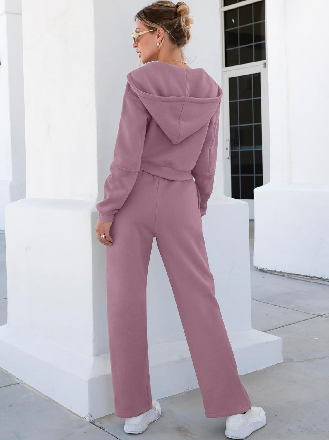 imageANRABESS Women 2 Piece Outfits Sweatsuit Zip Up Crop Hoodies SweatPants Lounge Matching Sweat Set 2024 Winter Trendy ClothesLight Purple