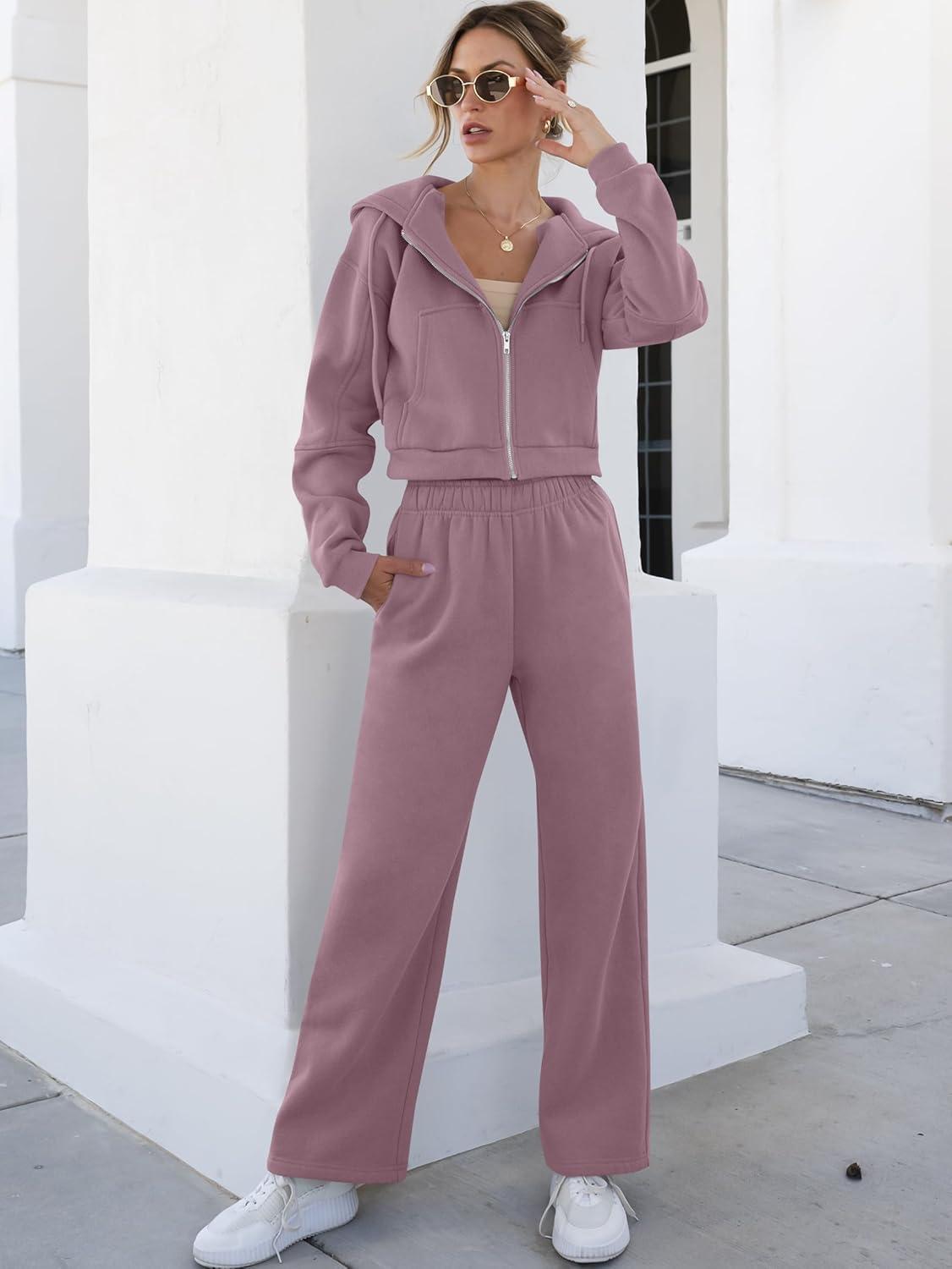 imageANRABESS Women 2 Piece Outfits Sweatsuit Zip Up Crop Hoodies SweatPants Lounge Matching Sweat Set 2024 Winter Trendy ClothesLight Purple