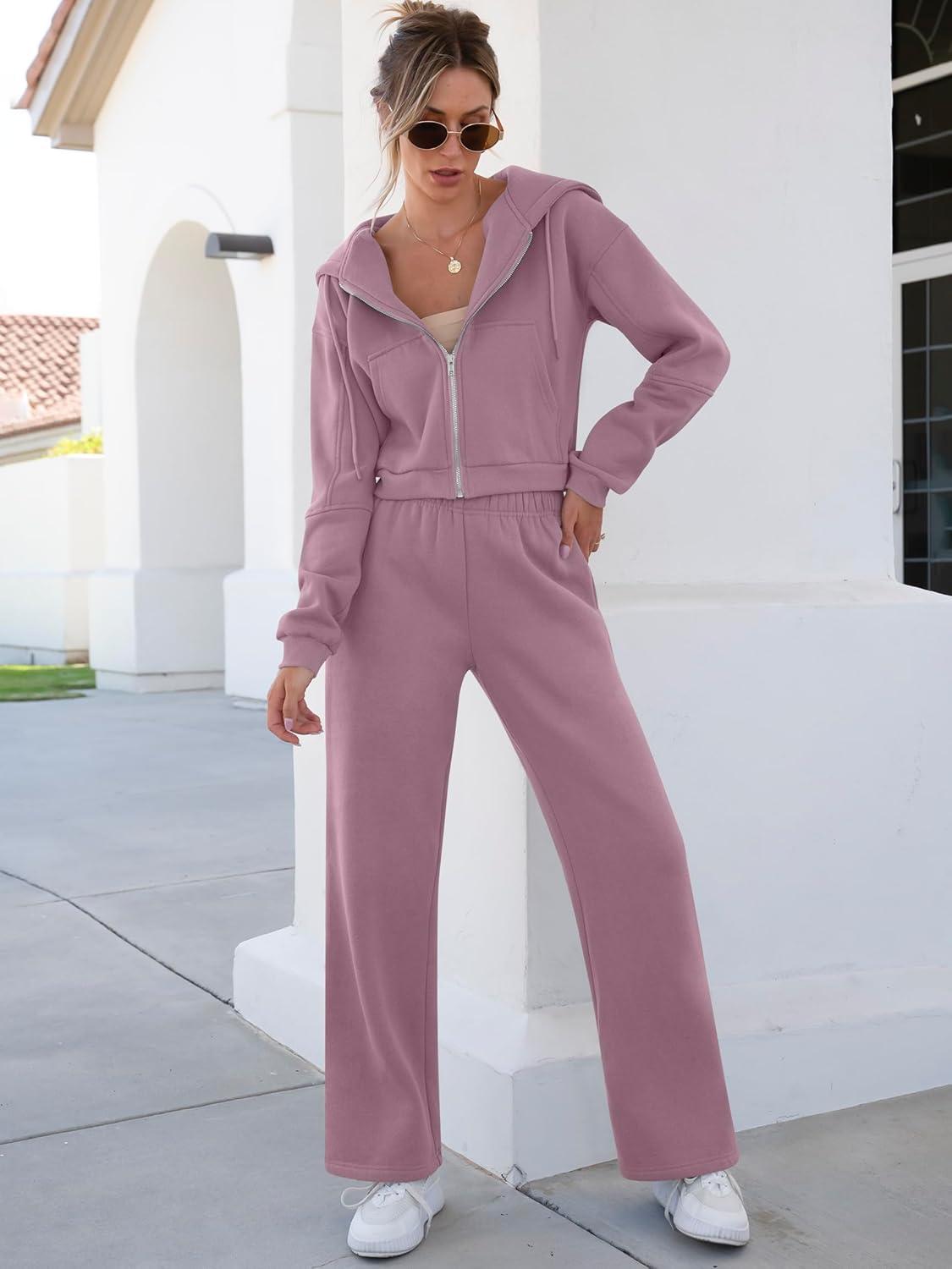 imageANRABESS Women 2 Piece Outfits Sweatsuit Zip Up Crop Hoodies SweatPants Lounge Matching Sweat Set 2024 Winter Trendy ClothesLight Purple