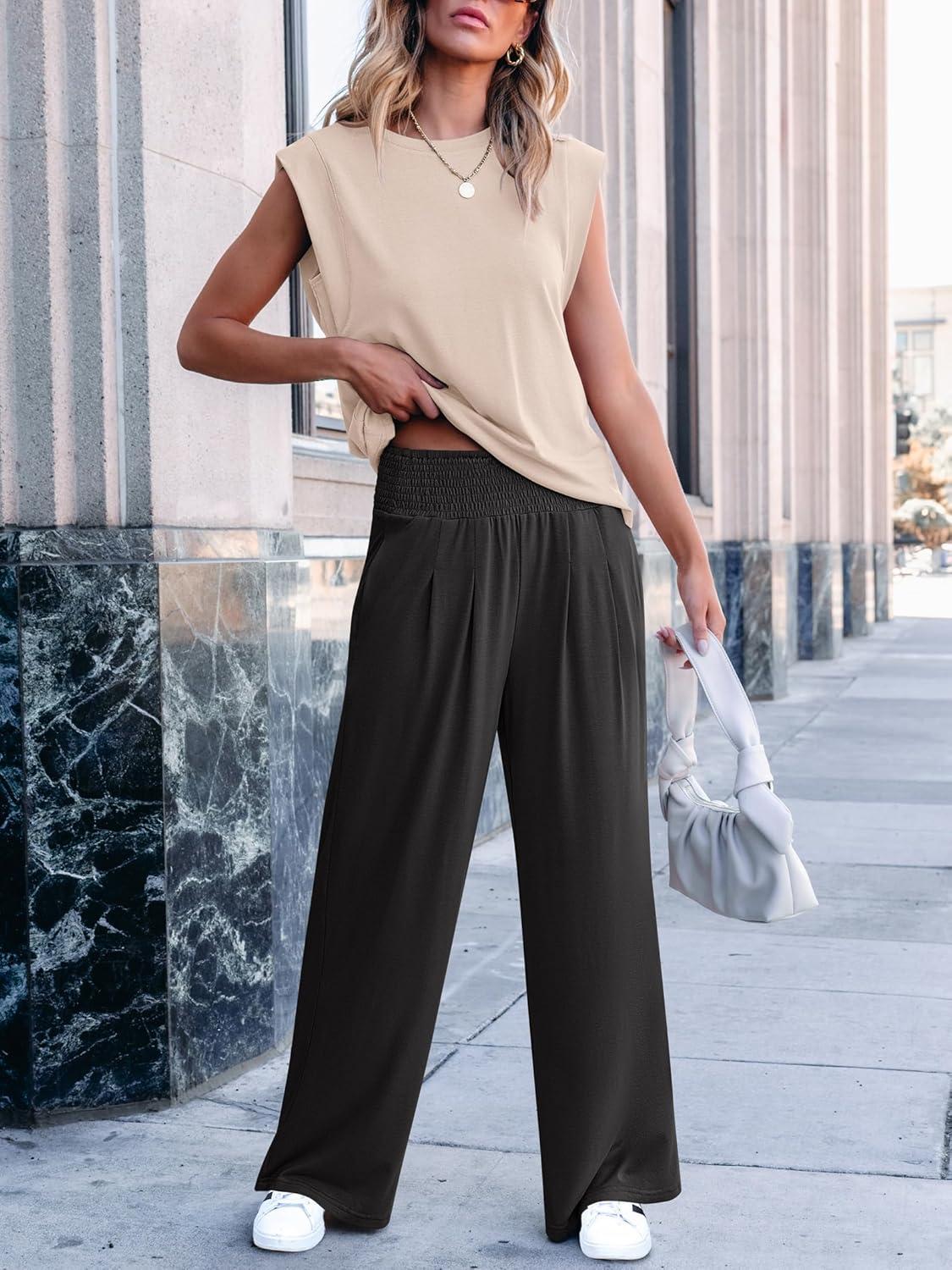 imageANRABESS Women 2 Piece Outfits Tank Top ampamp Palazzo Pants 2025 Summer Lounge Matching Sets Travel Vacation Beach ClothingAlmond