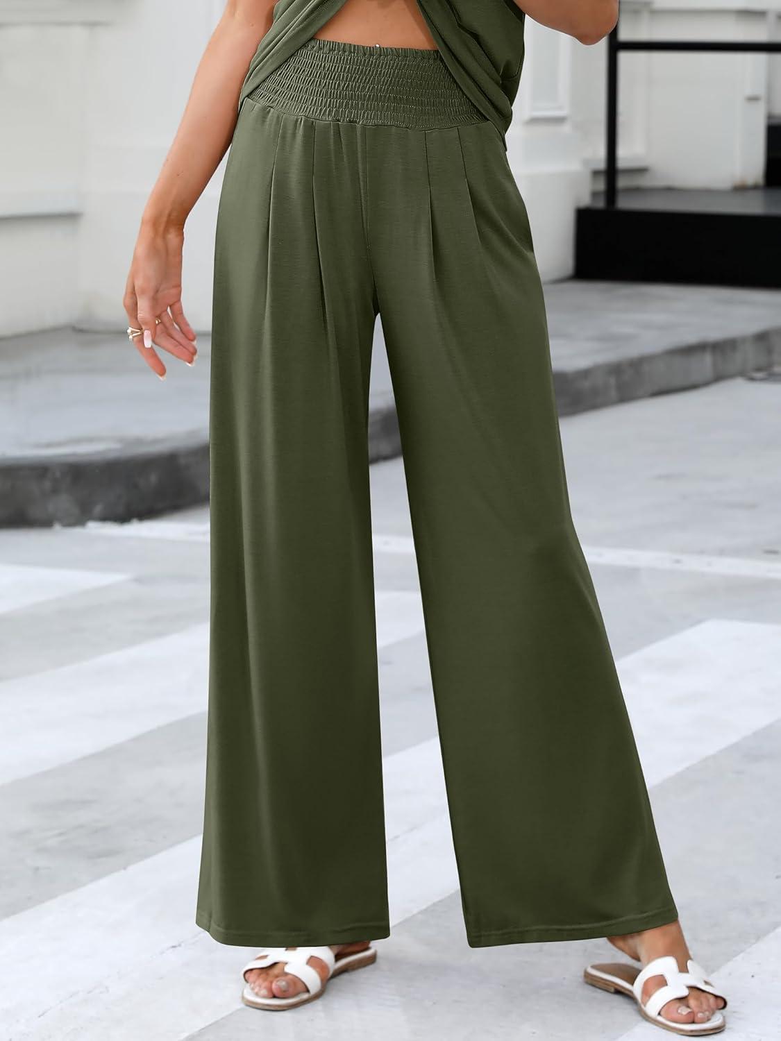 imageANRABESS Women 2 Piece Outfits Tank Top ampamp Palazzo Pants 2025 Summer Lounge Matching Sets Travel Vacation Beach ClothingDark Green