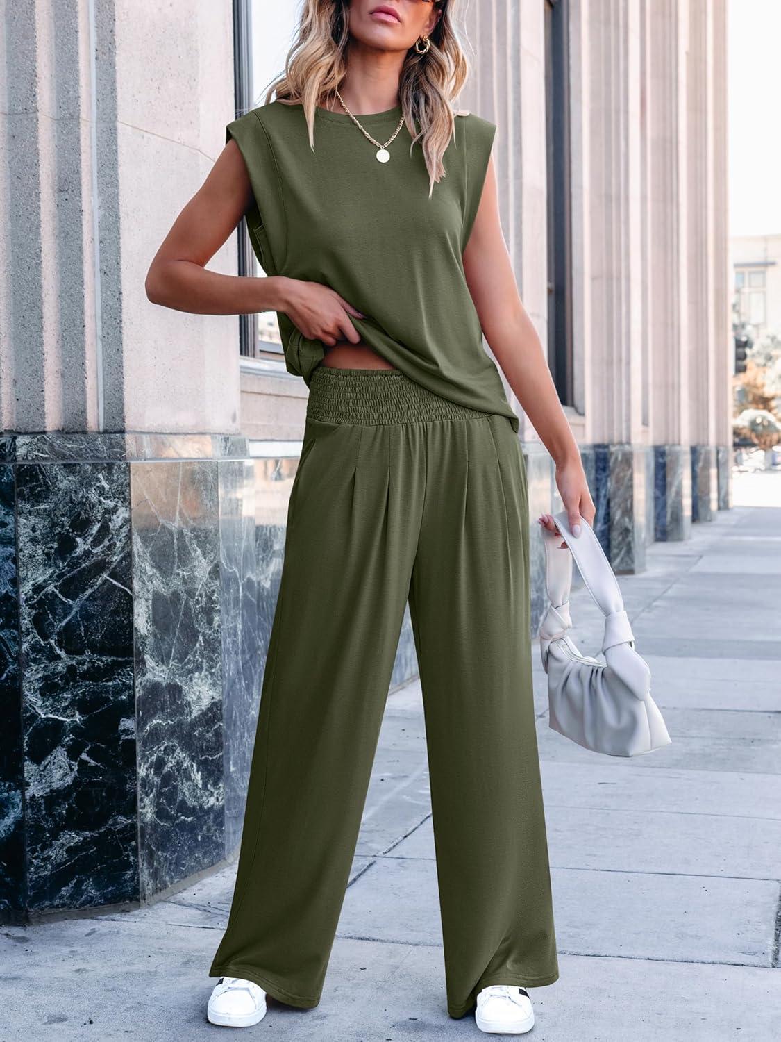imageANRABESS Women 2 Piece Outfits Tank Top ampamp Palazzo Pants 2025 Summer Lounge Matching Sets Travel Vacation Beach ClothingDark Green
