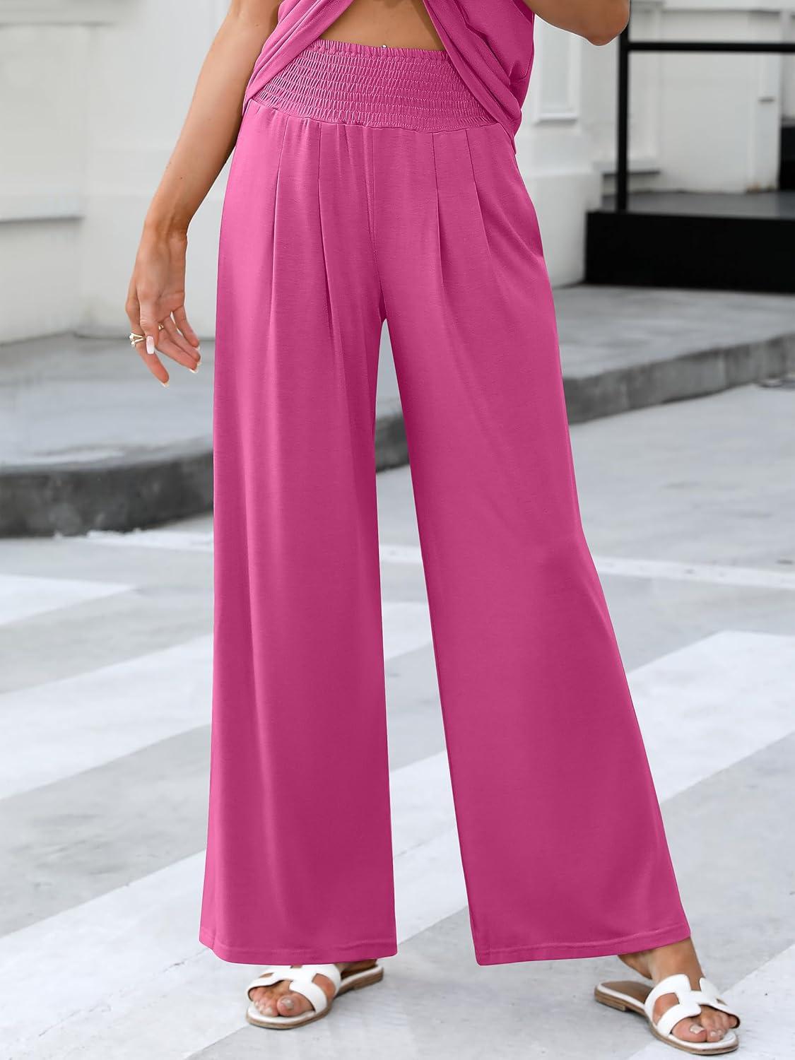 imageANRABESS Women 2 Piece Outfits Tank Top ampamp Palazzo Pants 2025 Summer Lounge Matching Sets Travel Vacation Beach ClothingHot Pink