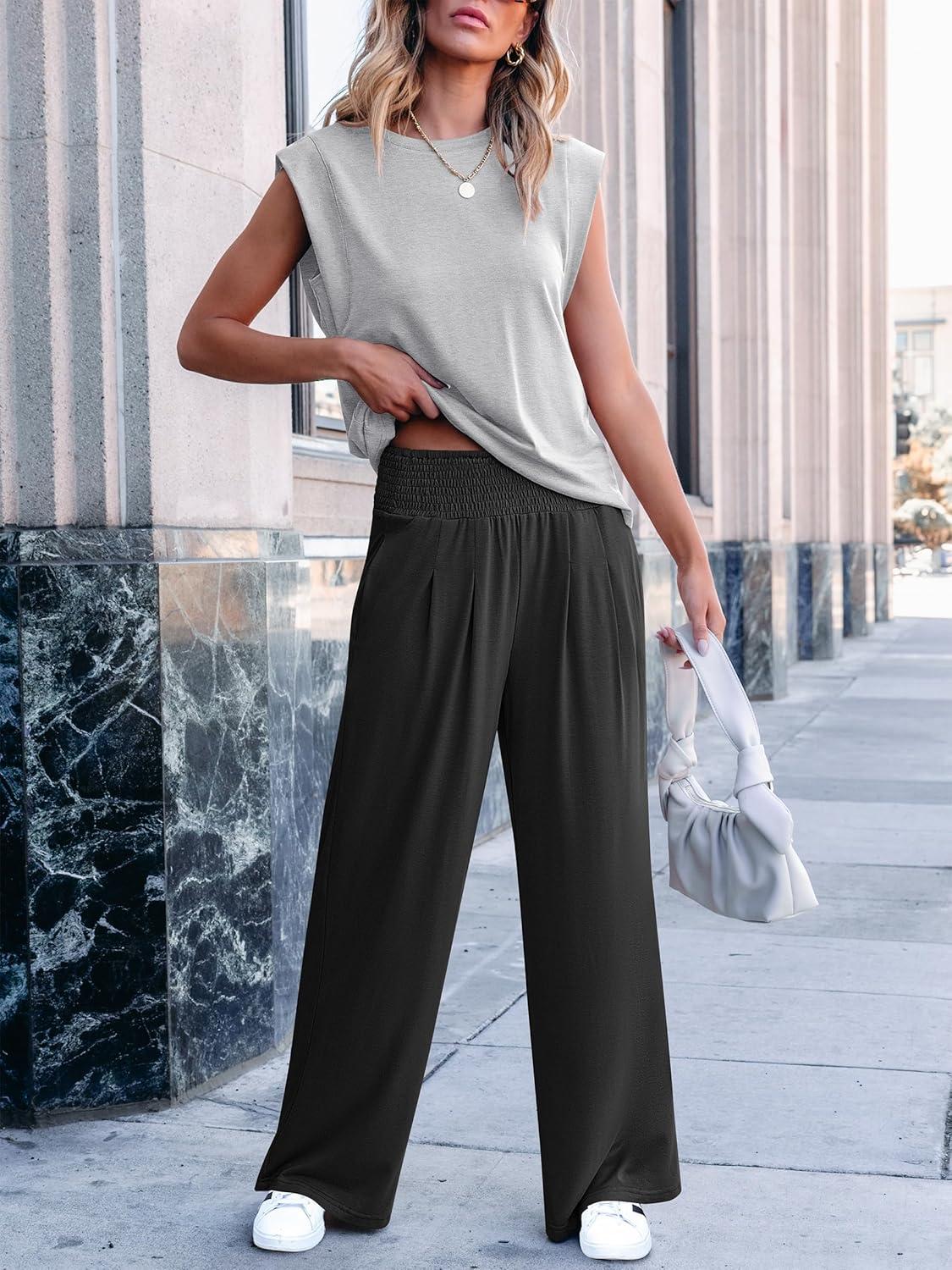 imageANRABESS Women 2 Piece Outfits Tank Top ampamp Palazzo Pants 2025 Summer Lounge Matching Sets Travel Vacation Beach ClothingLight Grey