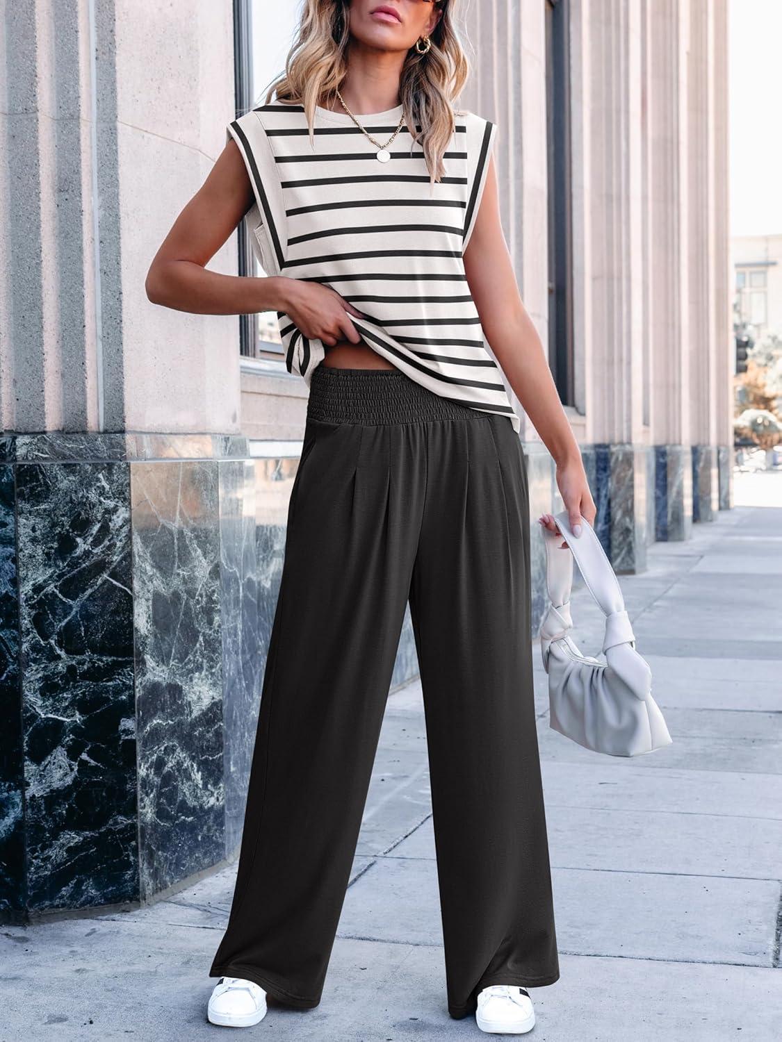 imageANRABESS Women 2 Piece Outfits Tank Top ampamp Palazzo Pants 2025 Summer Lounge Matching Sets Travel Vacation Beach ClothingStripe Black and White