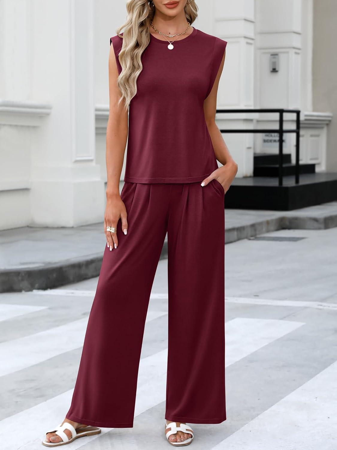 imageANRABESS Women 2 Piece Outfits Tank Top ampamp Palazzo Pants 2025 Summer Lounge Matching Sets Travel Vacation Beach ClothingWine Red