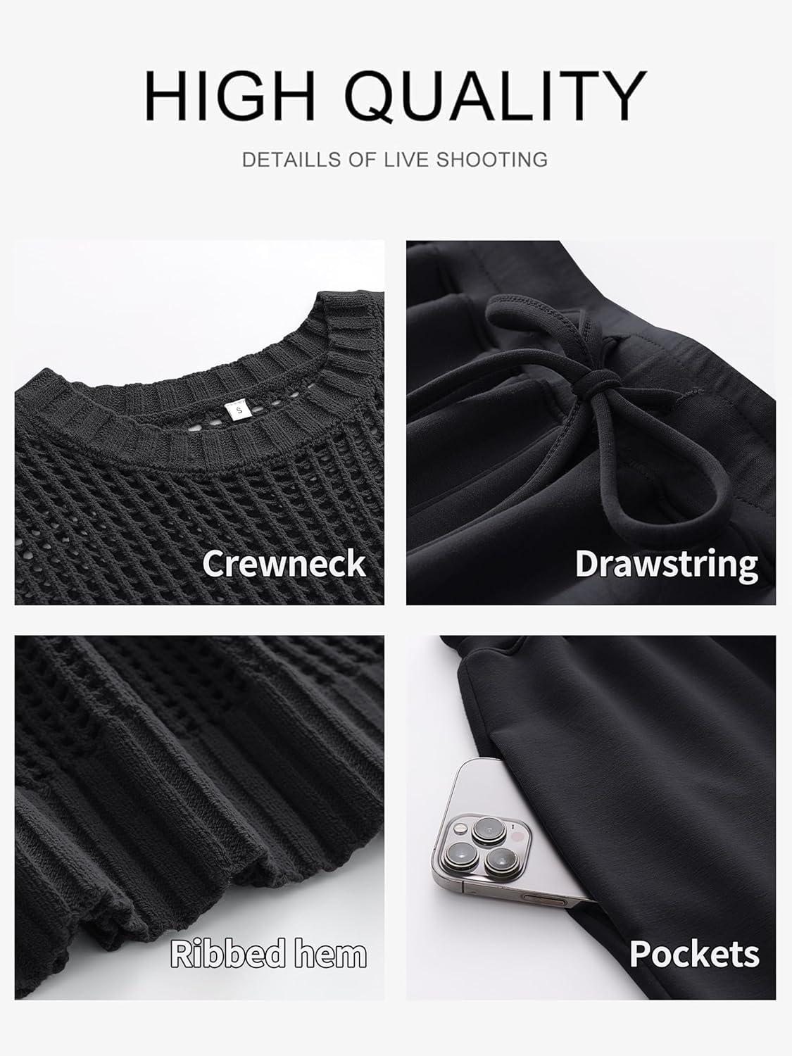 imageANRABESS Women 2 Piece Summer Outfits 2025 Crochet Sweater Vest Wide Leg Pants Lounge Matching Sets Travel Vacation ClothesBlack